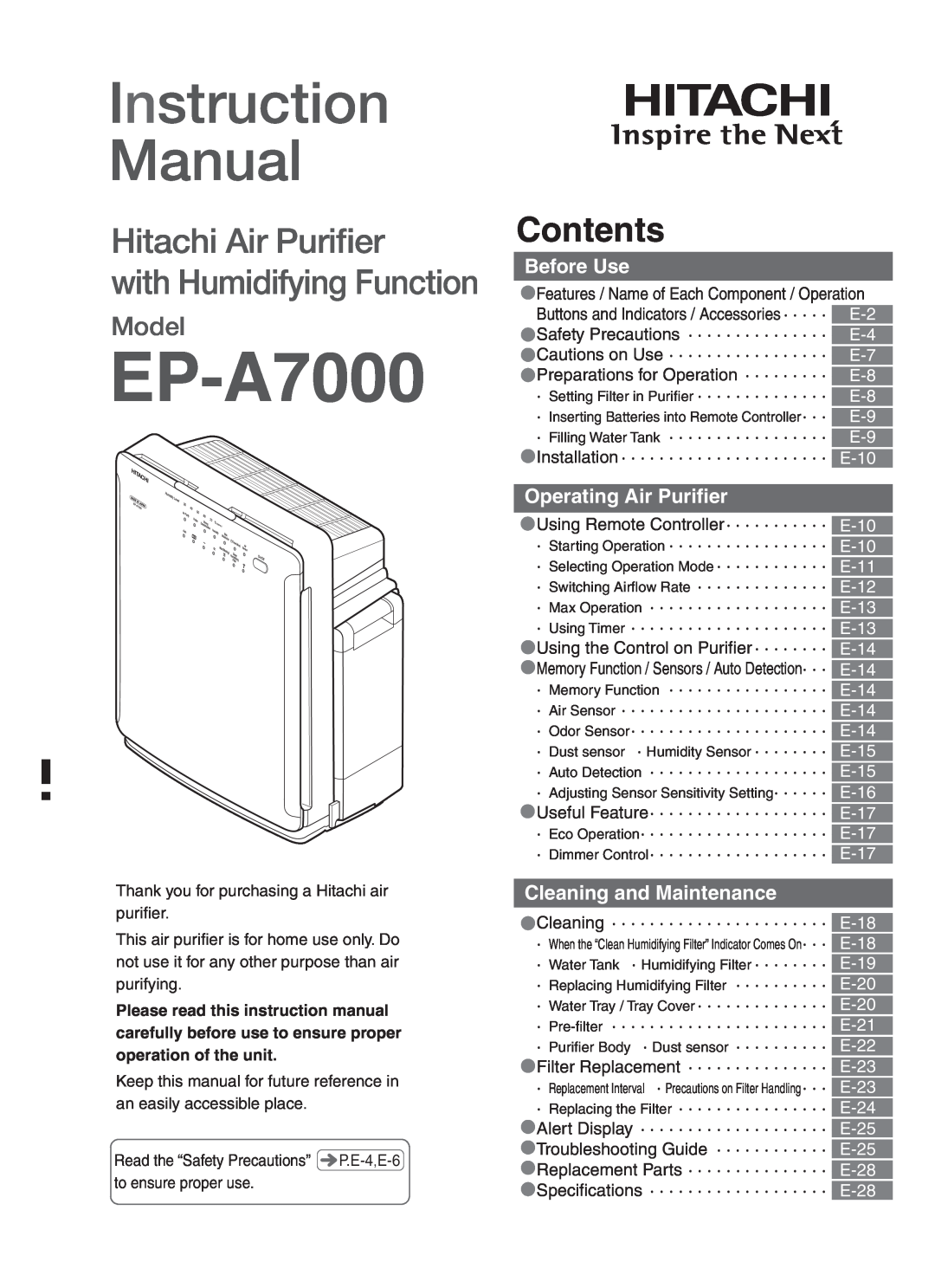 Hitachi EP-A7000 instruction manual Before Use, Operating Air Puriﬁer, Cleaning and Maintenance, Contents, Model 