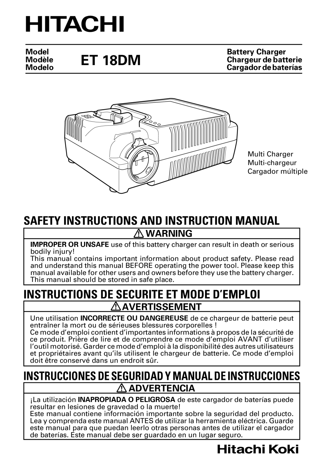 Hitachi instruction manual Avertissement, Model Modèle ET 18DM Modelo 