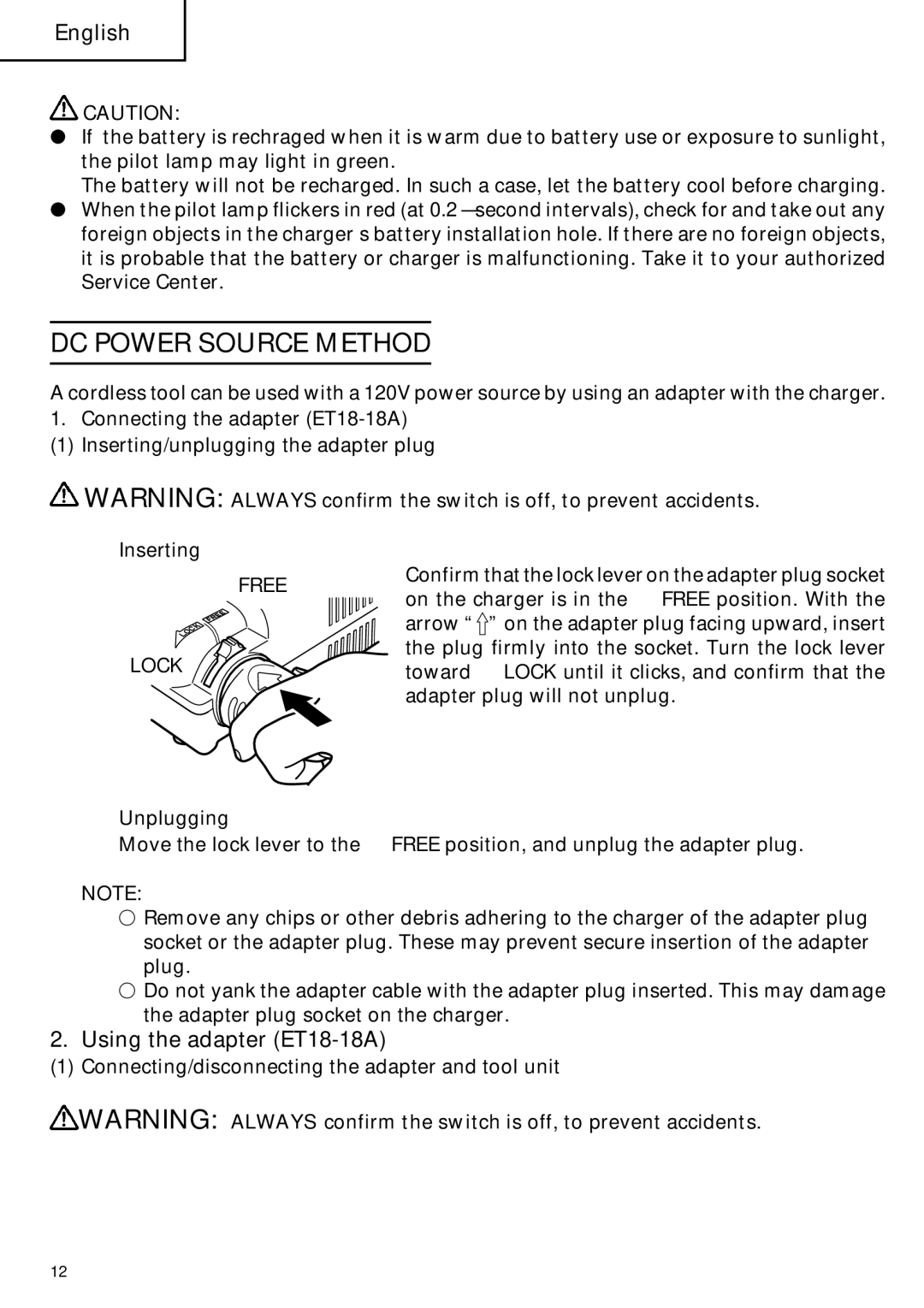 Hitachi ET 18DM instruction manual DC Power Source Method, Using the adapter ET18-18A 