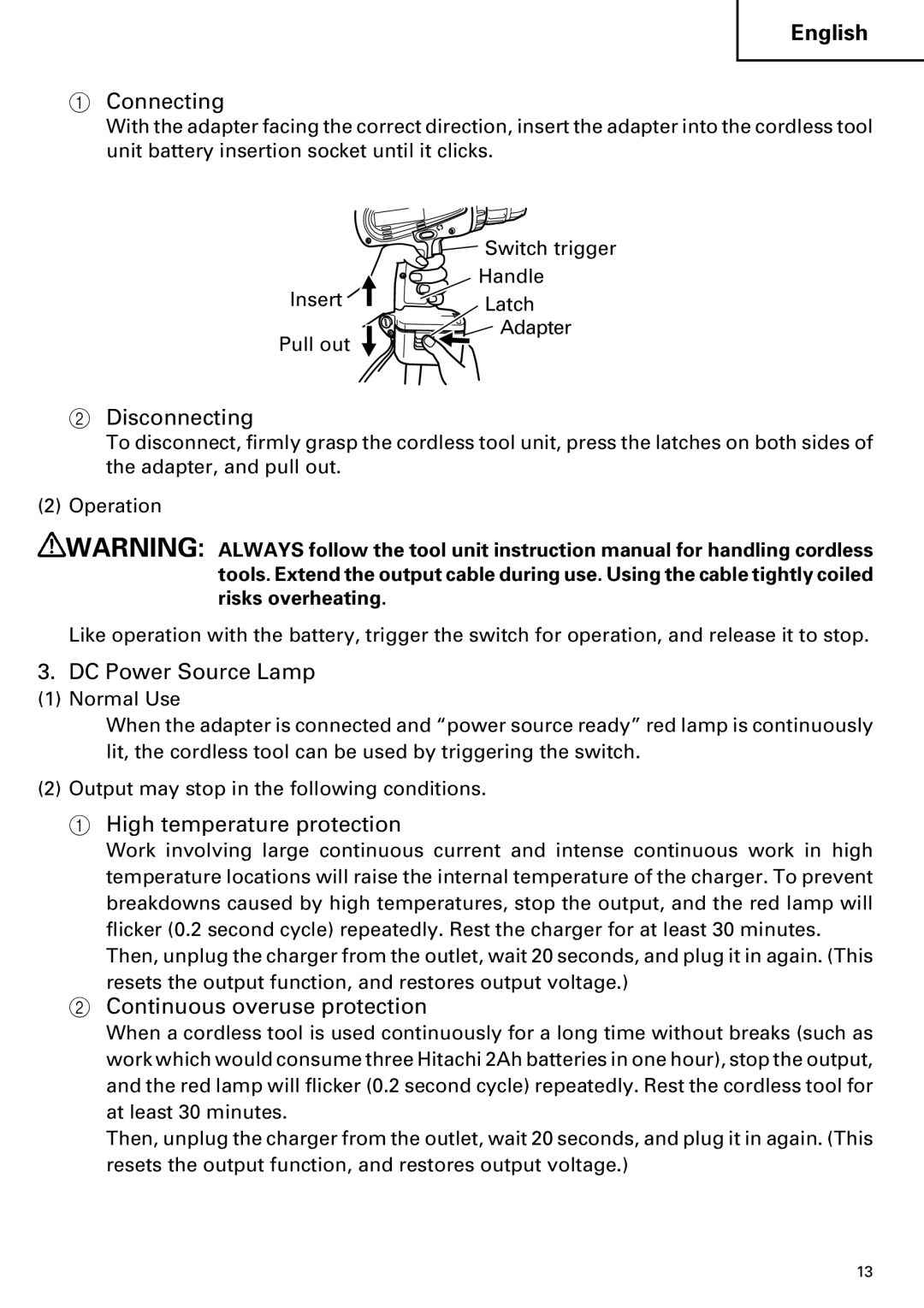 Hitachi ET 18DM instruction manual Connecting, Disconnecting, DC Power Source Lamp, High temperature protection 