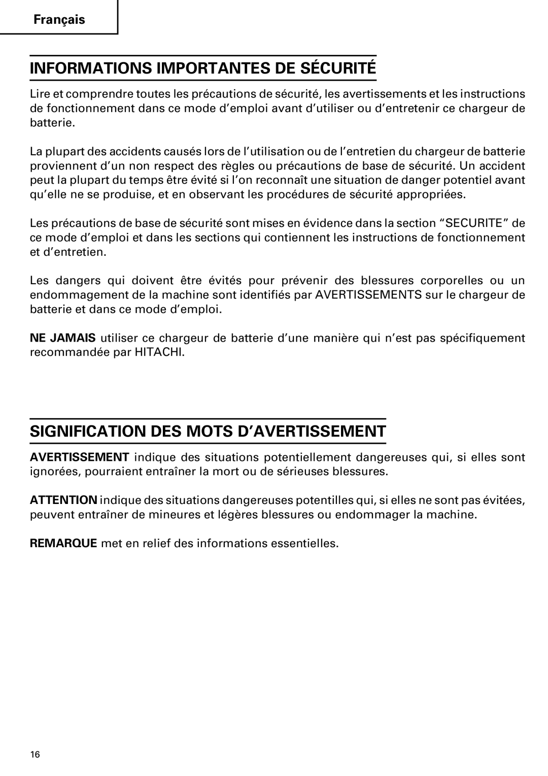 Hitachi ET 18DM instruction manual Informations Importantes DE Sécurité, Signification DES Mots D’AVERTISSEMENT 