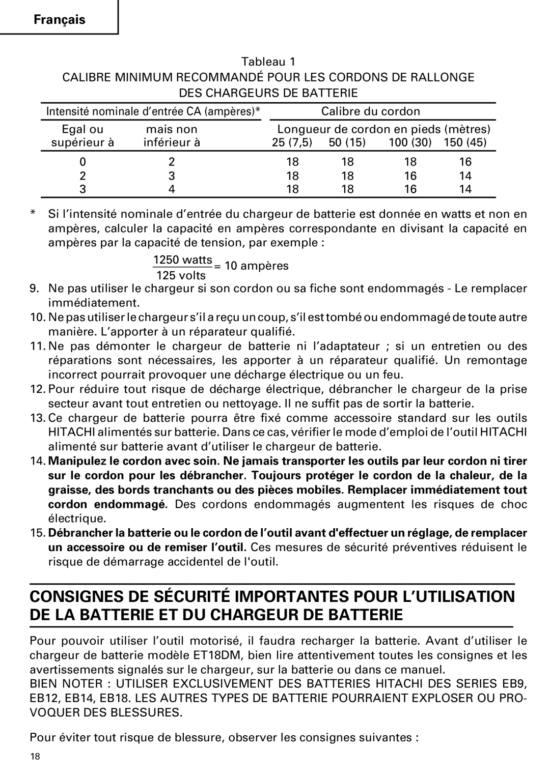 Hitachi ET 18DM instruction manual Tableau 