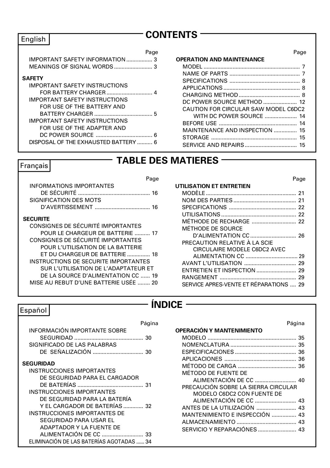 Hitachi ET 18DM instruction manual Contents, Table DES Matieres, Índice 