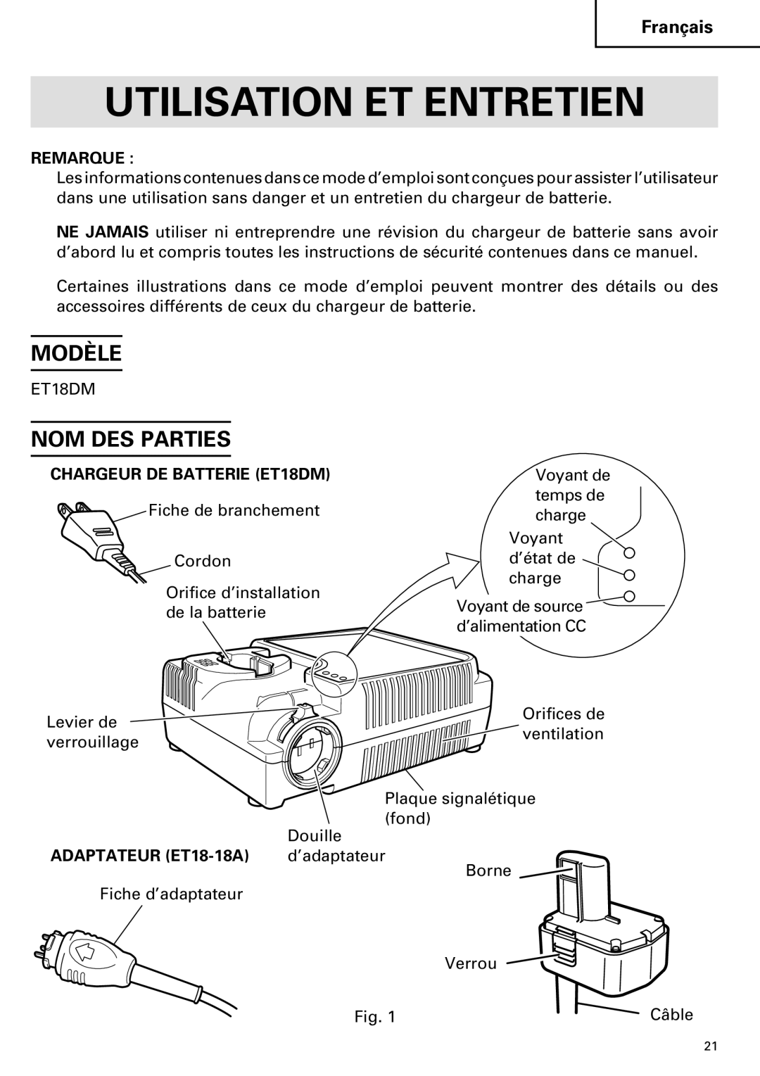 Hitachi ET 18DM instruction manual Utilisation ET Entretien, Modèle, NOM DES Parties 