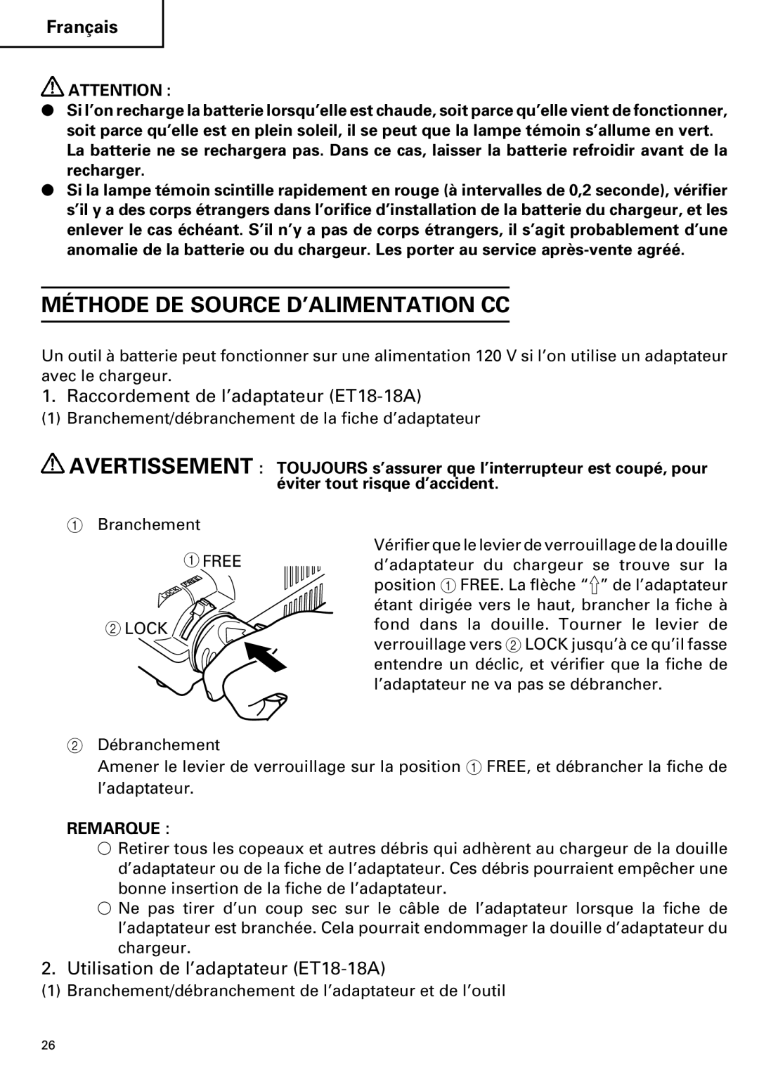 Hitachi ET 18DM instruction manual Méthode DE Source D’ALIMENTATION CC, Raccordement de l’adaptateur ET18-18A 