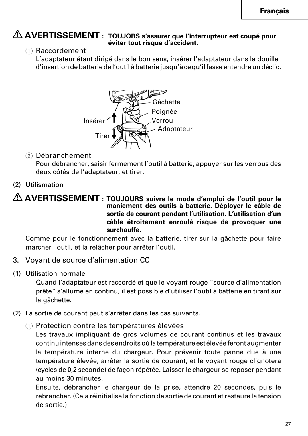 Hitachi ET 18DM instruction manual Raccordement, Débranchement, Voyant de source d’alimentation CC 