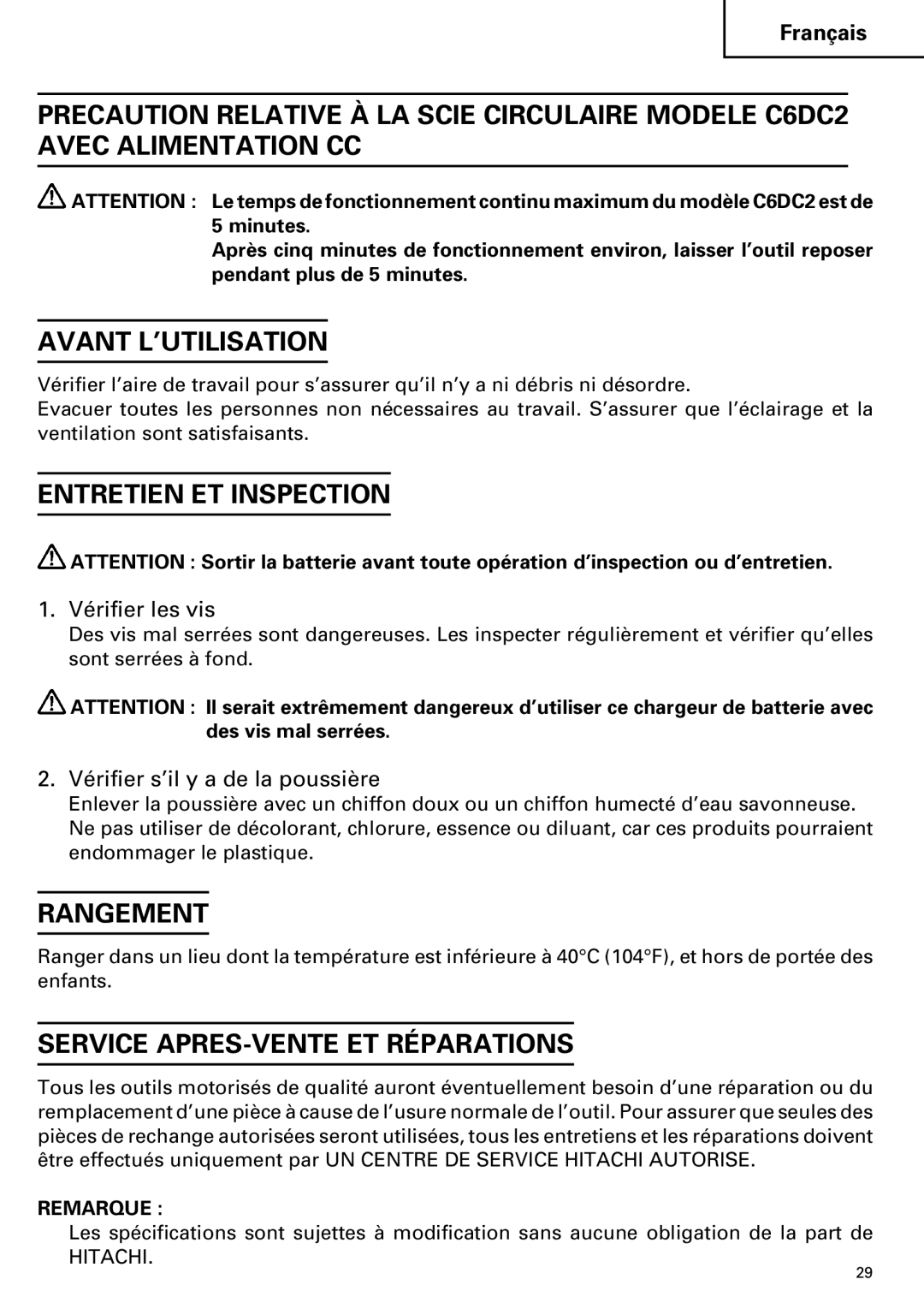 Hitachi ET 18DM Avant L’UTILISATION, Entretien ET Inspection, Rangement, Service APRES-VENTE ET Réparations 