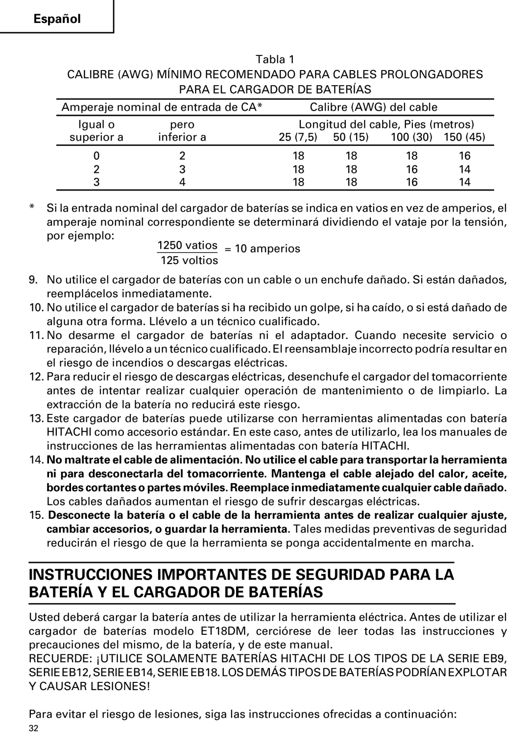 Hitachi ET 18DM instruction manual Tabla 