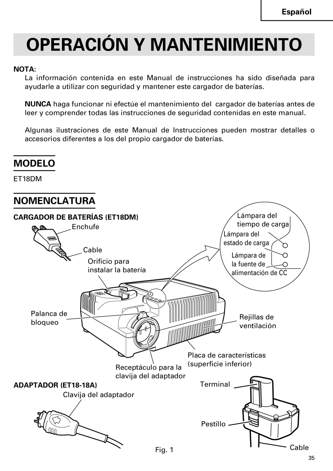 Hitachi ET 18DM instruction manual Operación Y Mantenimiento, Modelo, Nomenclatura 