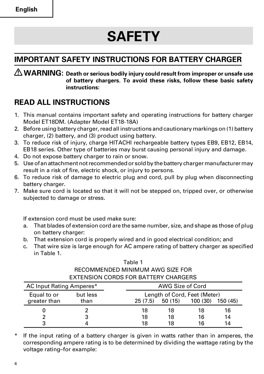 Hitachi ET 18DM instruction manual Safety 