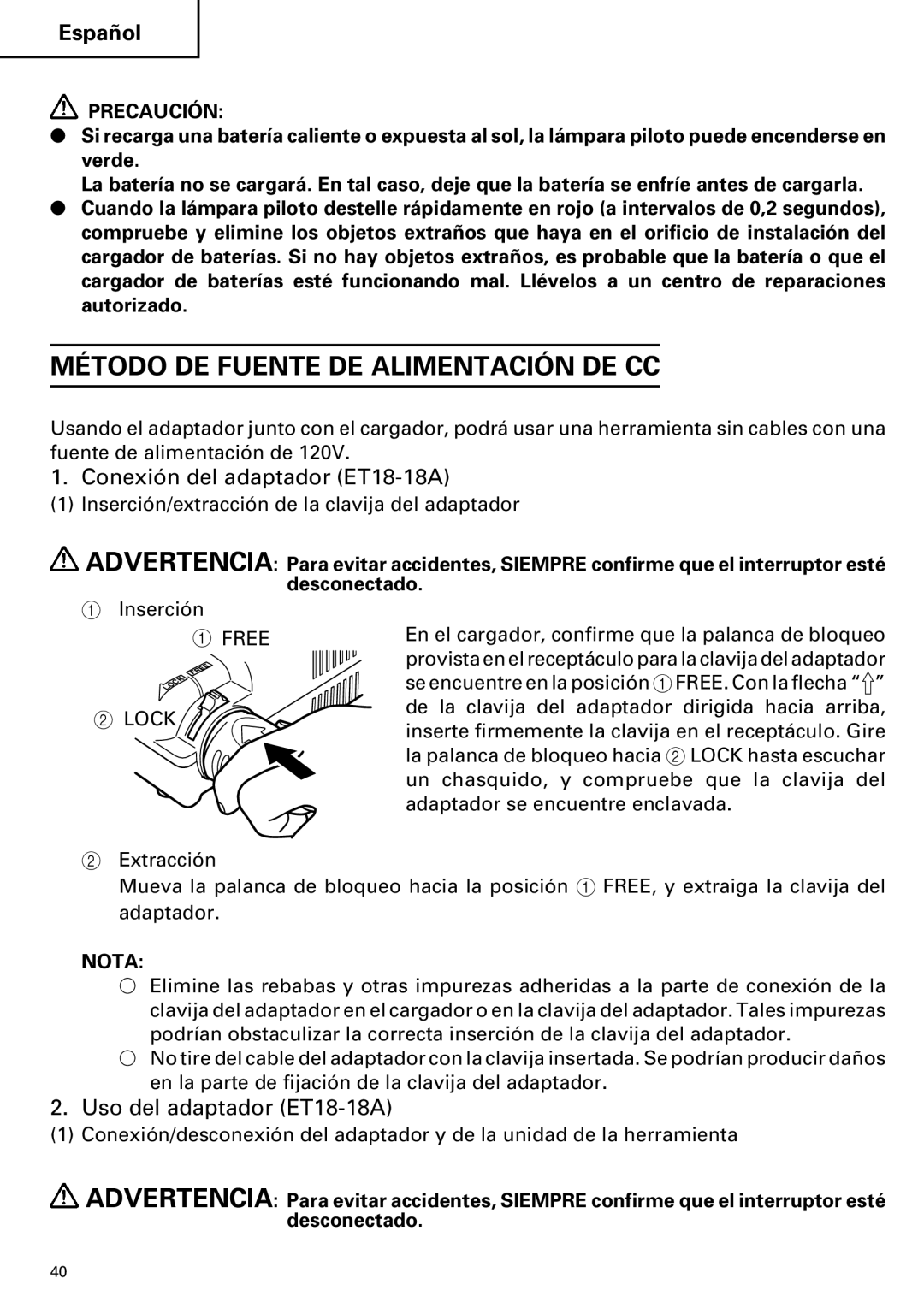 Hitachi ET 18DM Método DE Fuente DE Alimentación DE CC, Conexión del adaptador ET18-18A, Uso del adaptador ET18-18A 