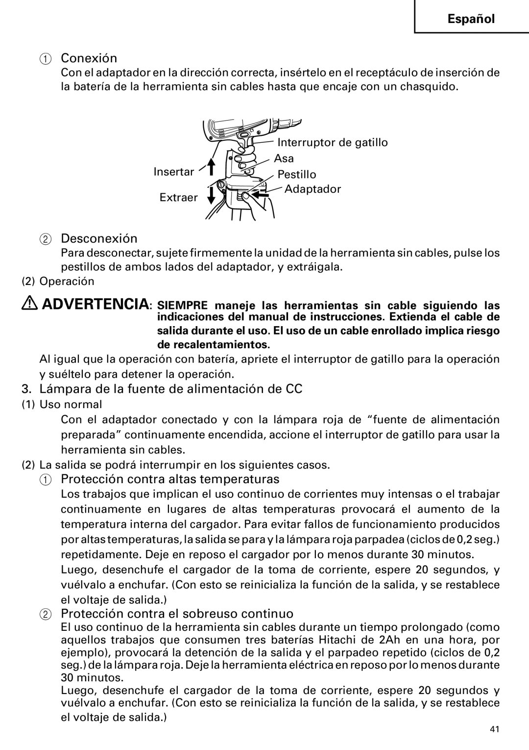 Hitachi ET 18DM Conexión, Desconexión, Lámpara de la fuente de alimentación de CC, Protección contra altas temperaturas 