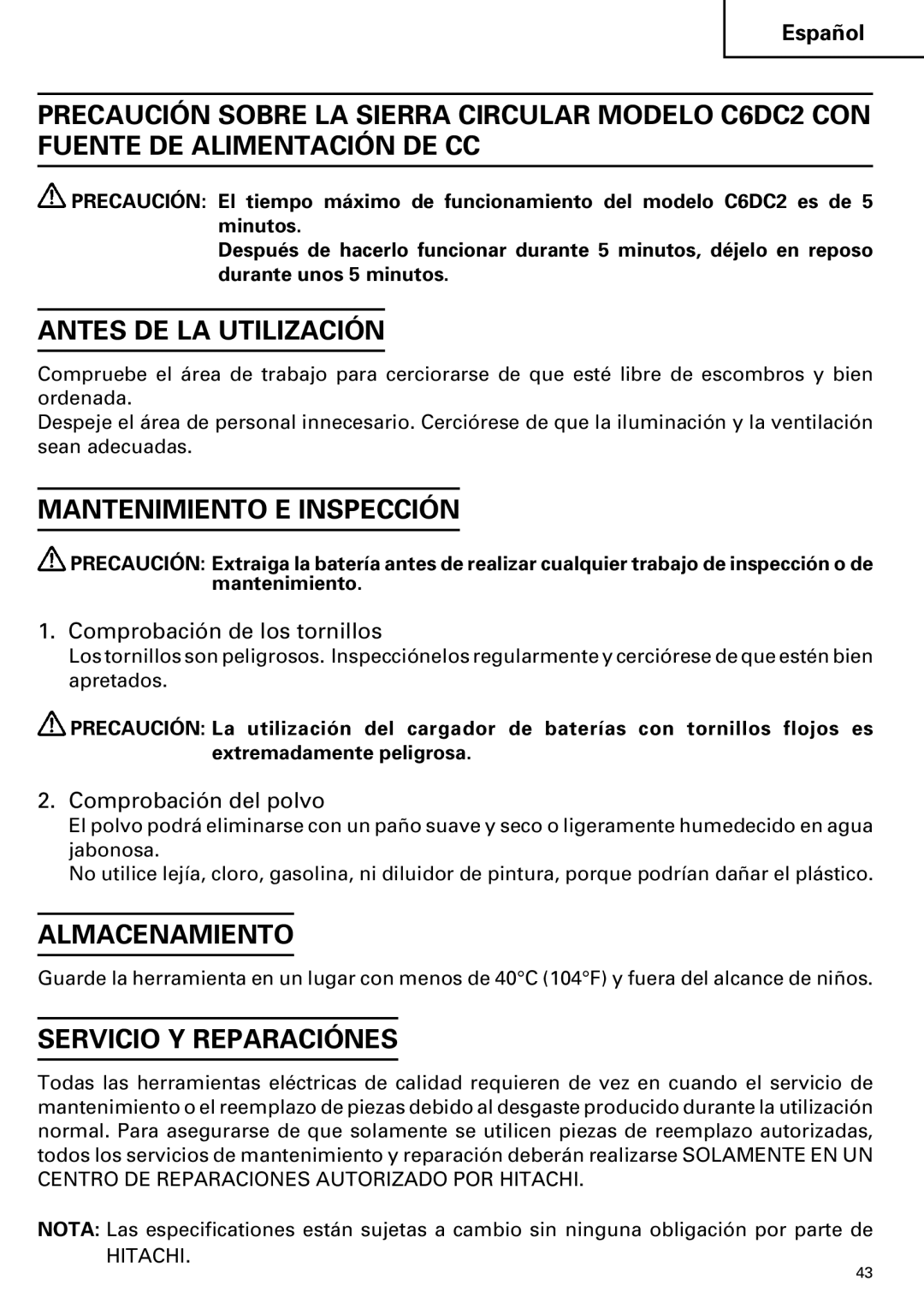 Hitachi ET 18DM Antes DE LA Utilización, Mantenimiento E Inspección, Almacenamiento, Servicio Y Reparaciónes 