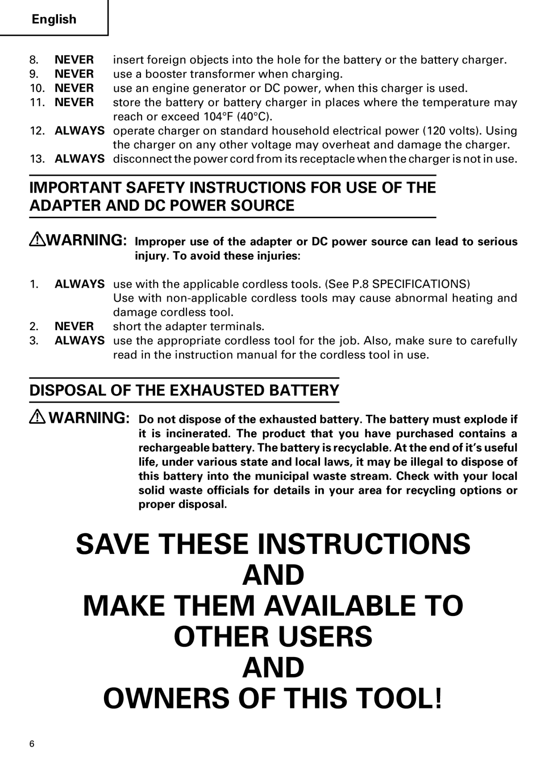 Hitachi ET 18DM Make Them Available to Other Users Owners of this Tool, Disposal of the Exhausted Battery 