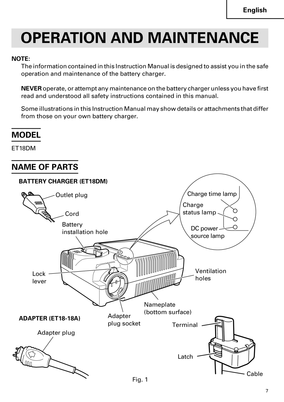 Hitachi ET 18DM instruction manual Operation and Maintenance, Model, Name of Parts 