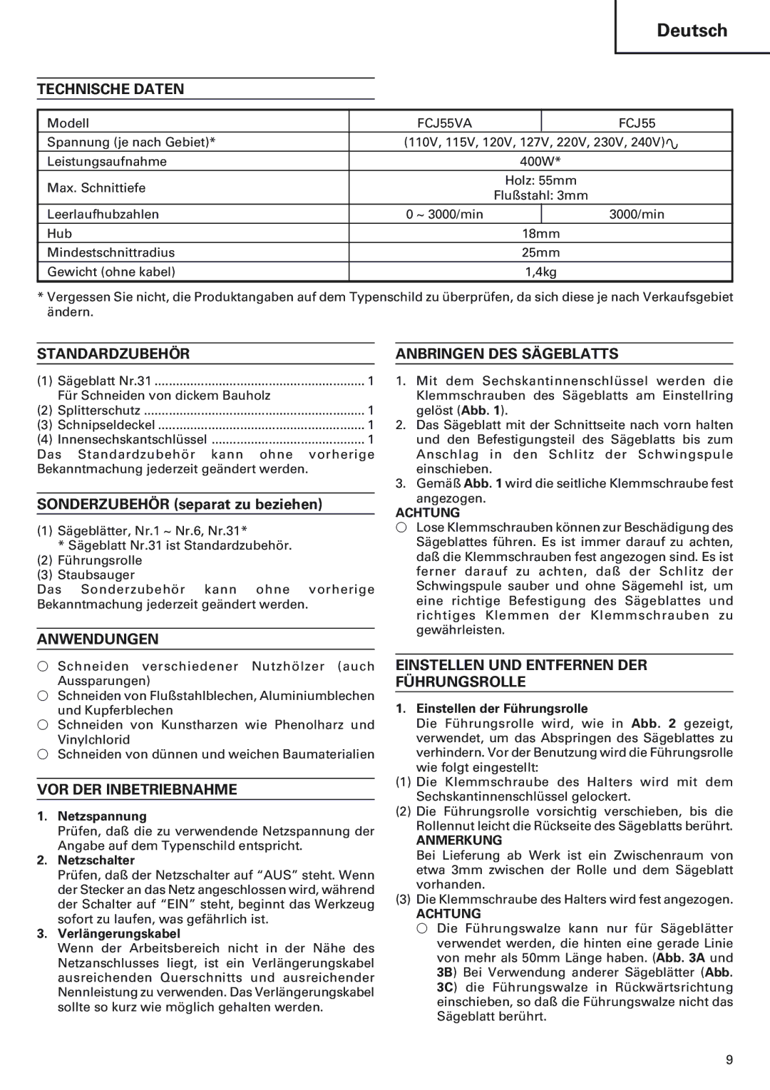 Hitachi FCJ 55 manual Technische Daten, Standardzubehör, Anwendungen, VOR DER Inbetriebnahme, Anbringen DES Sägeblatts 