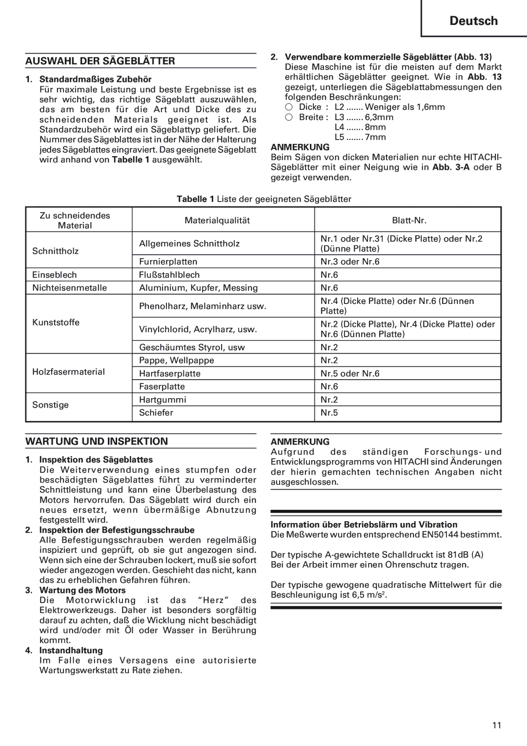 Hitachi FCJ 55 manual Auswahl DER Sägeblätter, Wartung UND Inspektion 