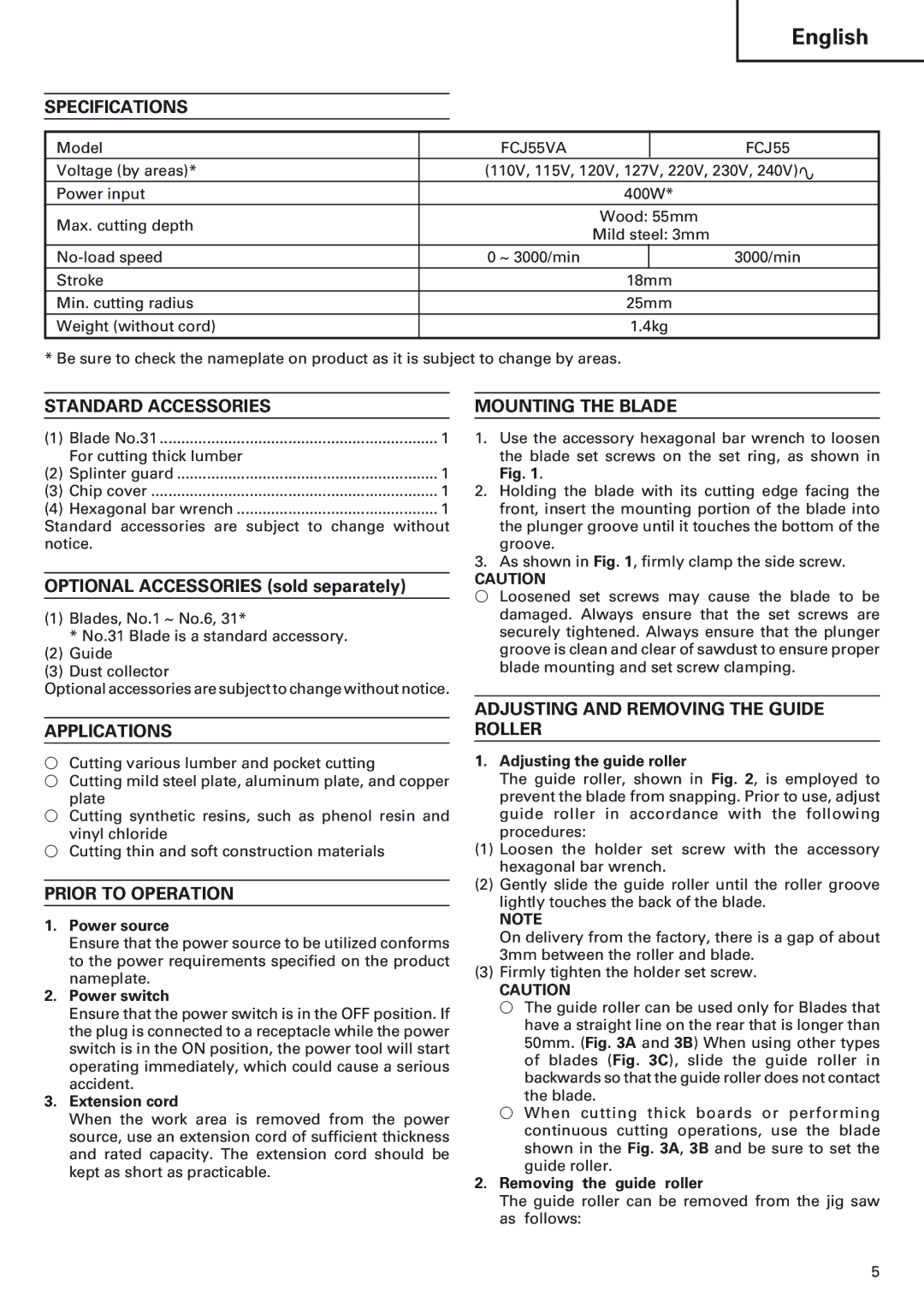 Hitachi FCJ 55 manual Specifications, Standard Accessories, Applications, Prior to Operation, Mounting the Blade 