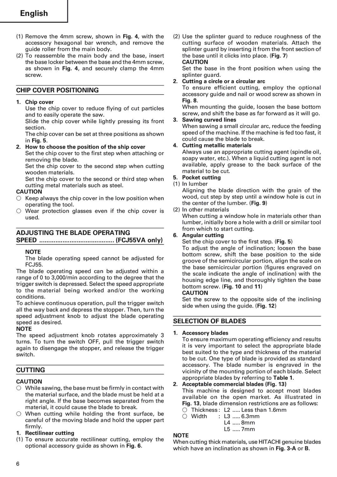 Hitachi FCJ 55 Chip Cover Positioning, Adjusting the Blade Operating Speed, Cutting, Selection of Blades, FCJ55VA only 
