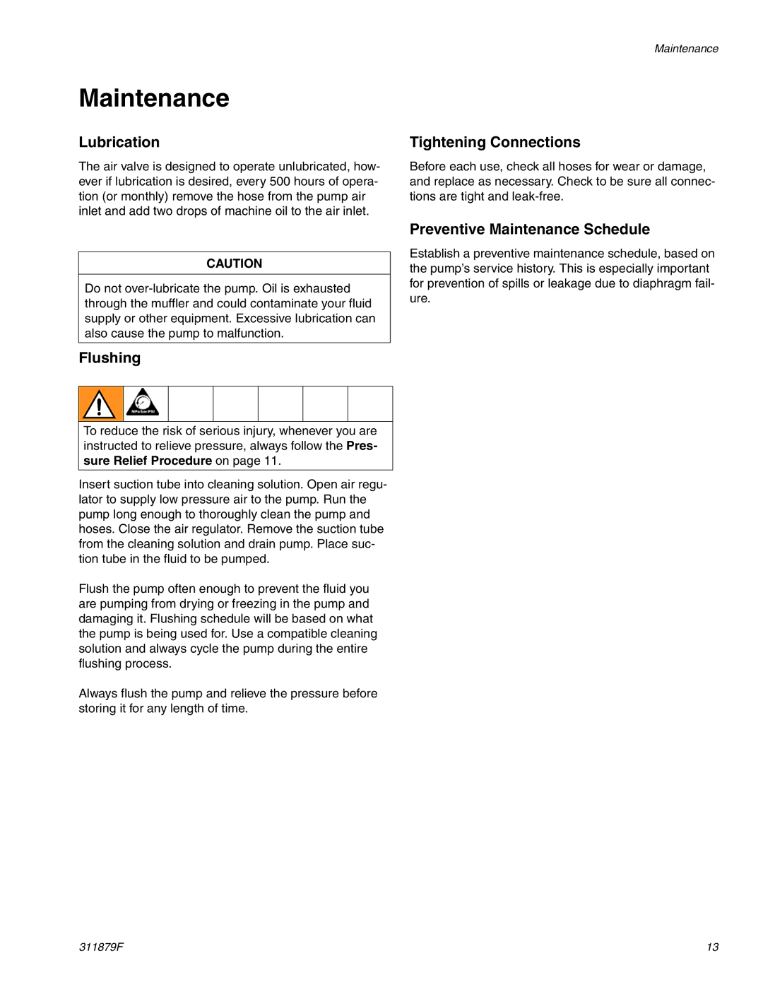 Hitachi FD2 1590 Lubrication, Flushing, Tightening Connections, Preventive Maintenance Schedule 