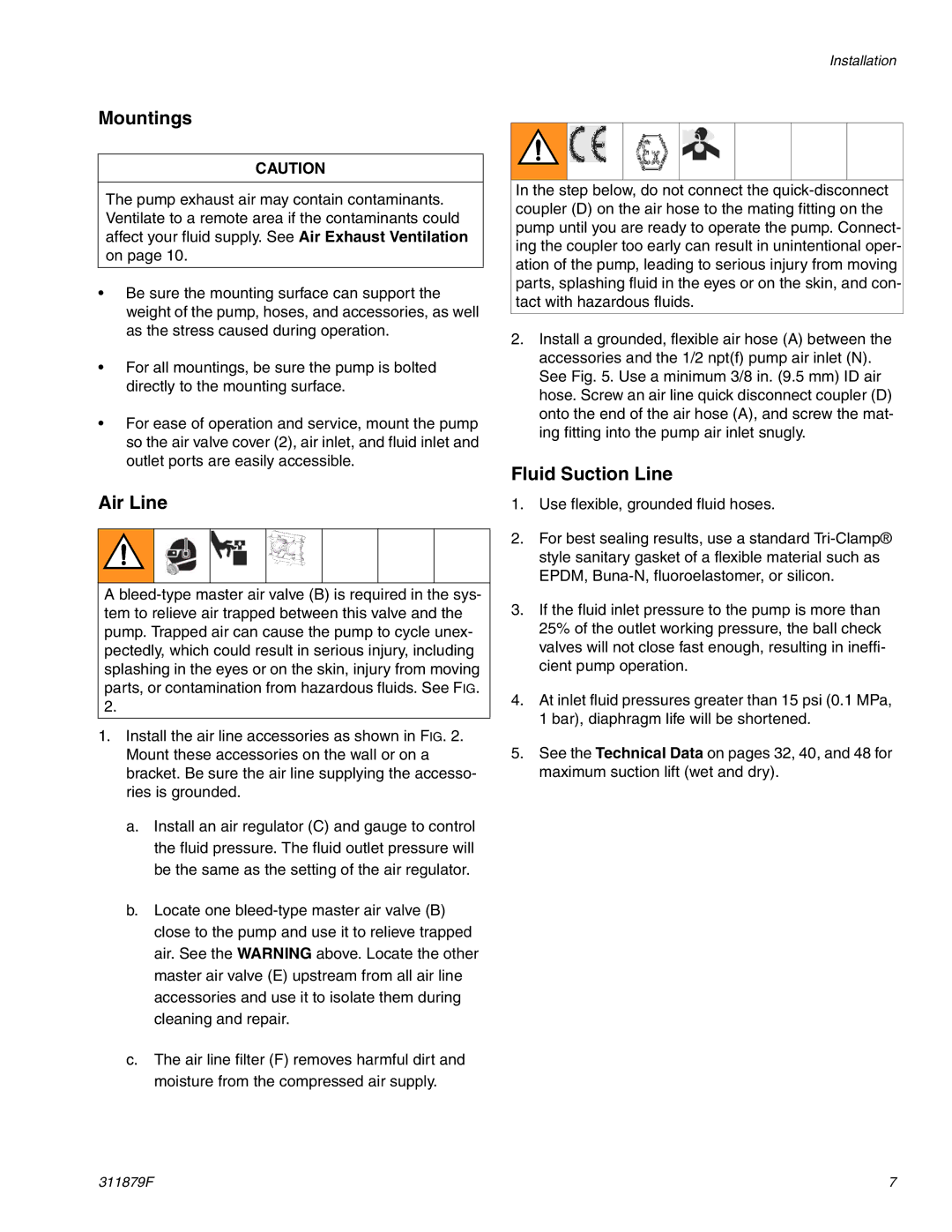 Hitachi FD2 1590 important safety instructions Mountings, Air Line, Fluid Suction Line 