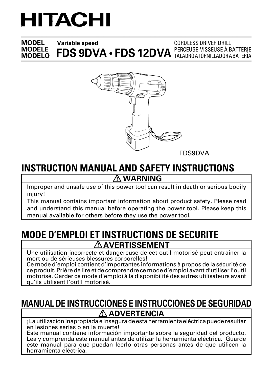 Hitachi FDS 9DVA instruction manual Avertissement, Variable speed 