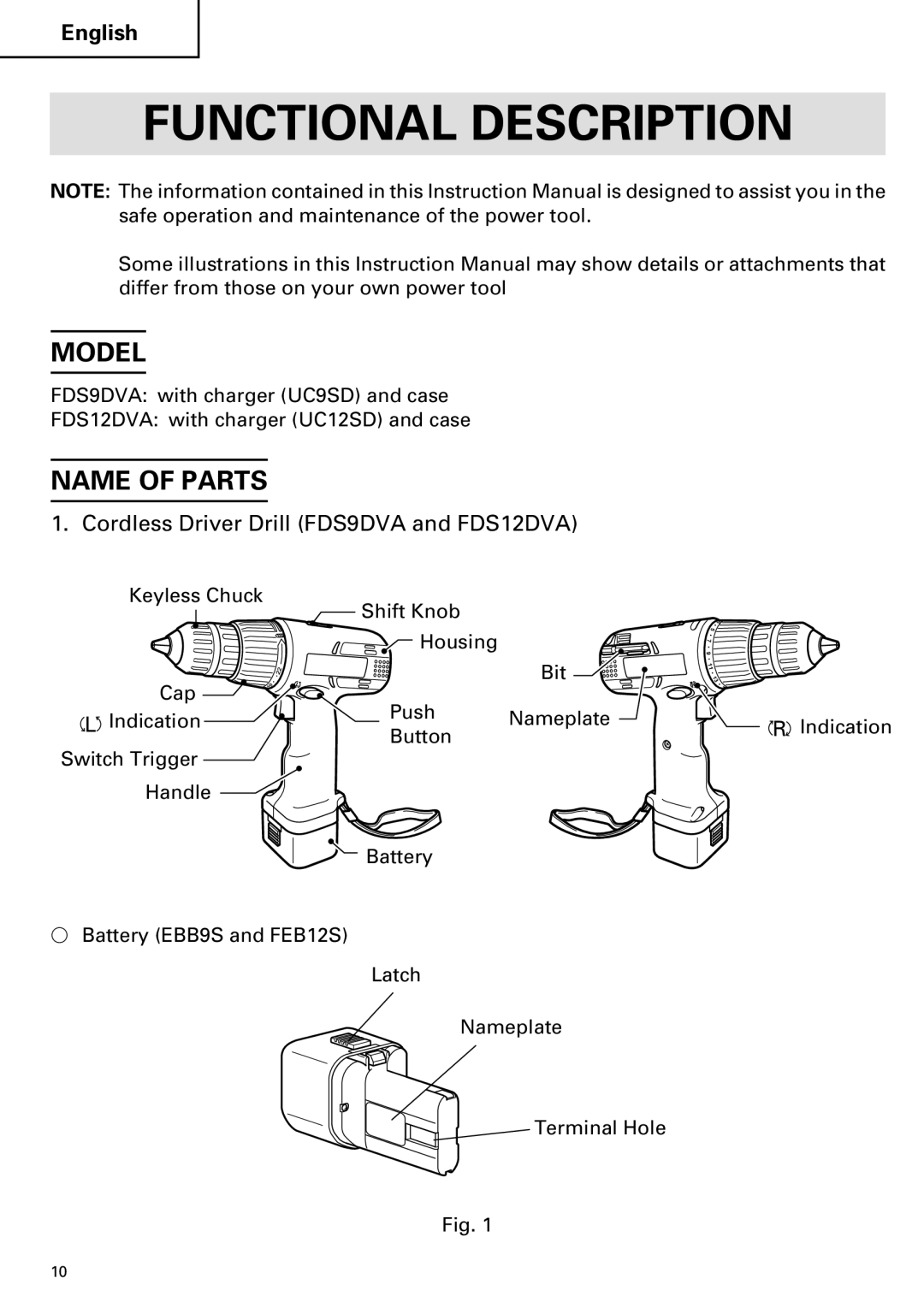 Hitachi FDS 9DVA Functional Description, Model, Name of Parts, Cordless Driver Drill FDS9DVA and FDS12DVA 