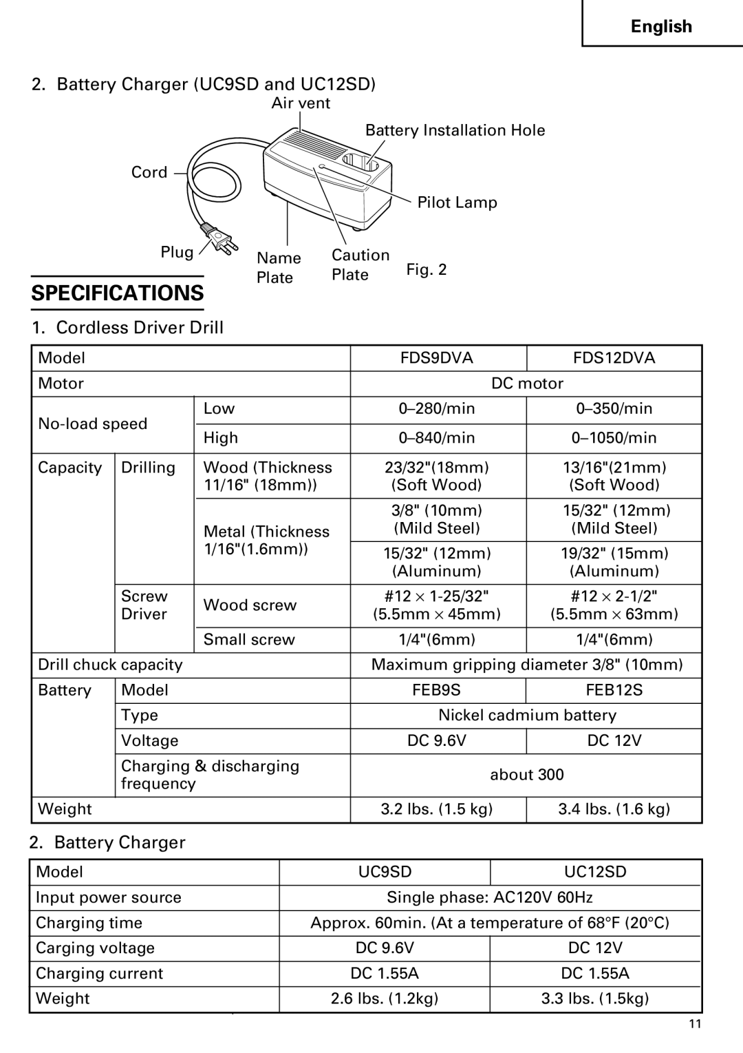 Hitachi FDS 9DVA instruction manual Specifications, Battery Charger UC9SD and UC12SD, Cordless Driver Drill 