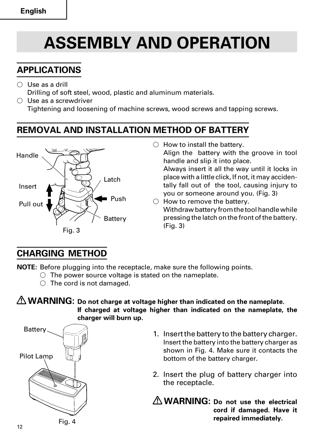 Hitachi FDS 9DVA Assembly and Operation, Applications, Removal and Installation Method of Battery, Charging Method 