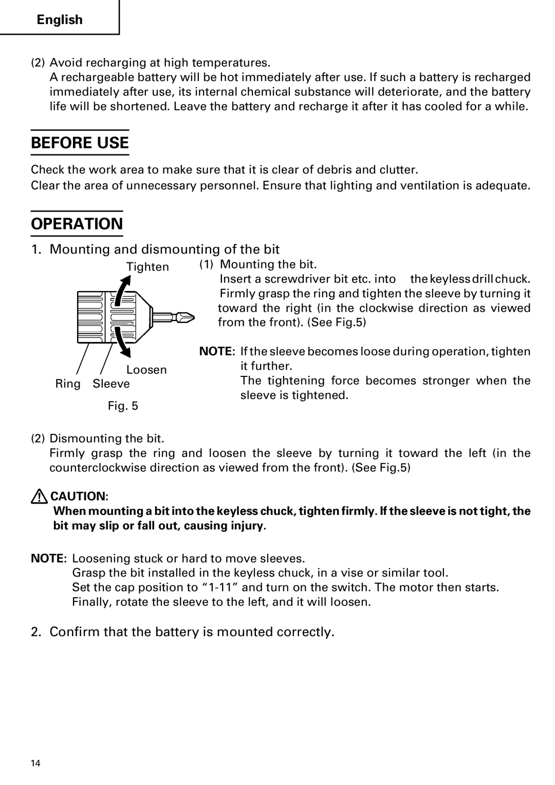 Hitachi FDS 9DVA Before USE, Operation, Mounting and dismounting of the bit, Confirm that the battery is mounted correctly 