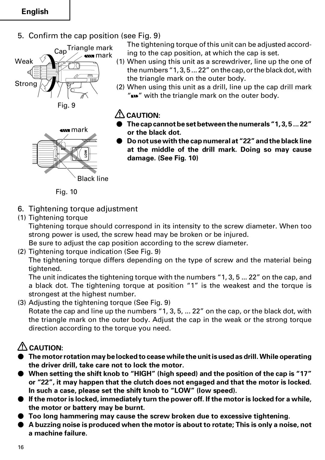 Hitachi FDS 9DVA instruction manual Confirm the cap position see Fig, Tightening torque adjustment 