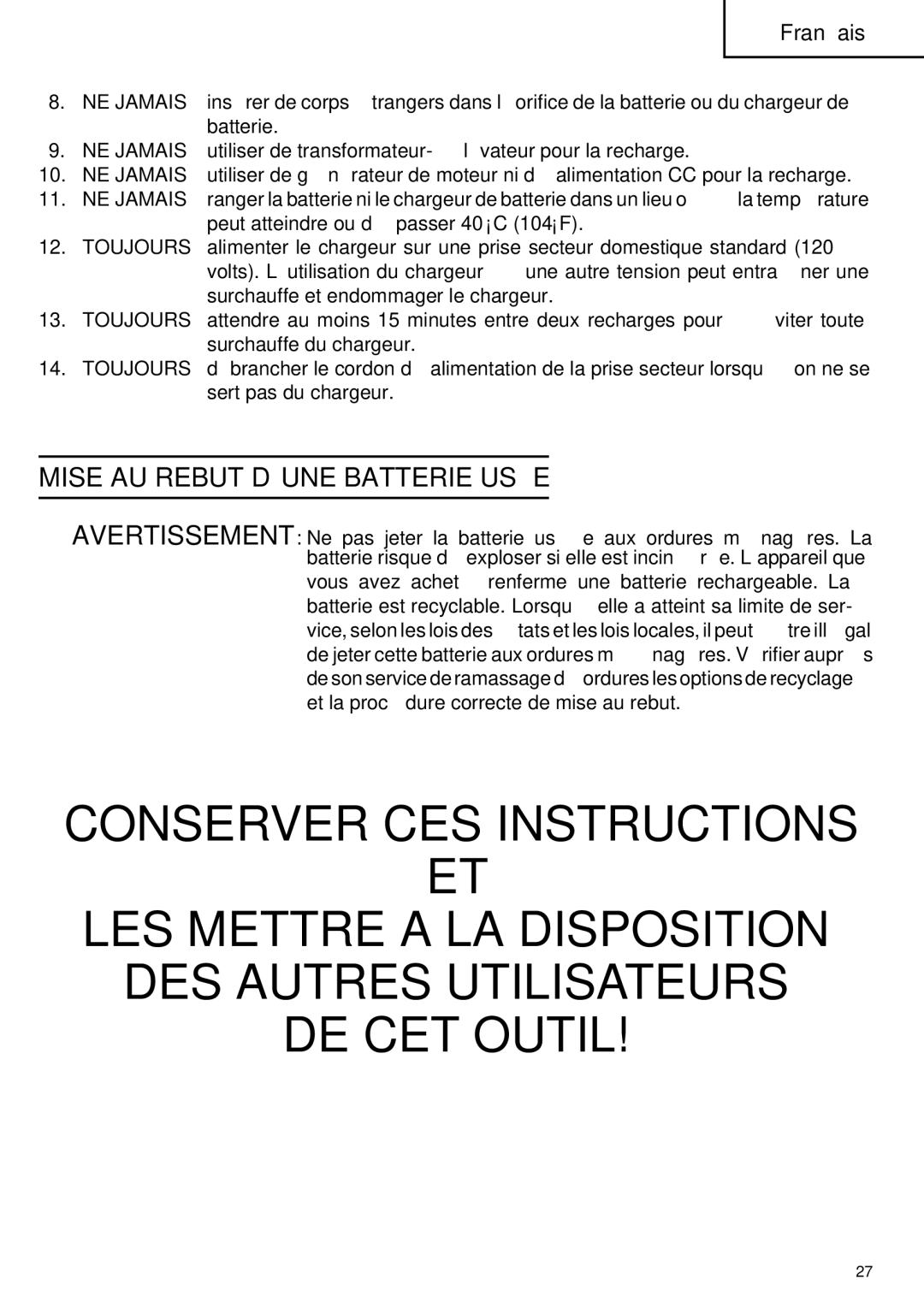 Hitachi FDS 9DVA instruction manual Mise AU Rebut D’UNE Batterie Usée 