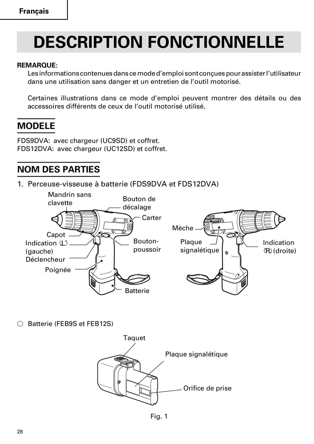 Hitachi FDS 9DVA Description Fonctionnelle, Modele, NOM DES Parties, Perceuse-visseuse à batterie FDS9DVA et FDS12DVA 