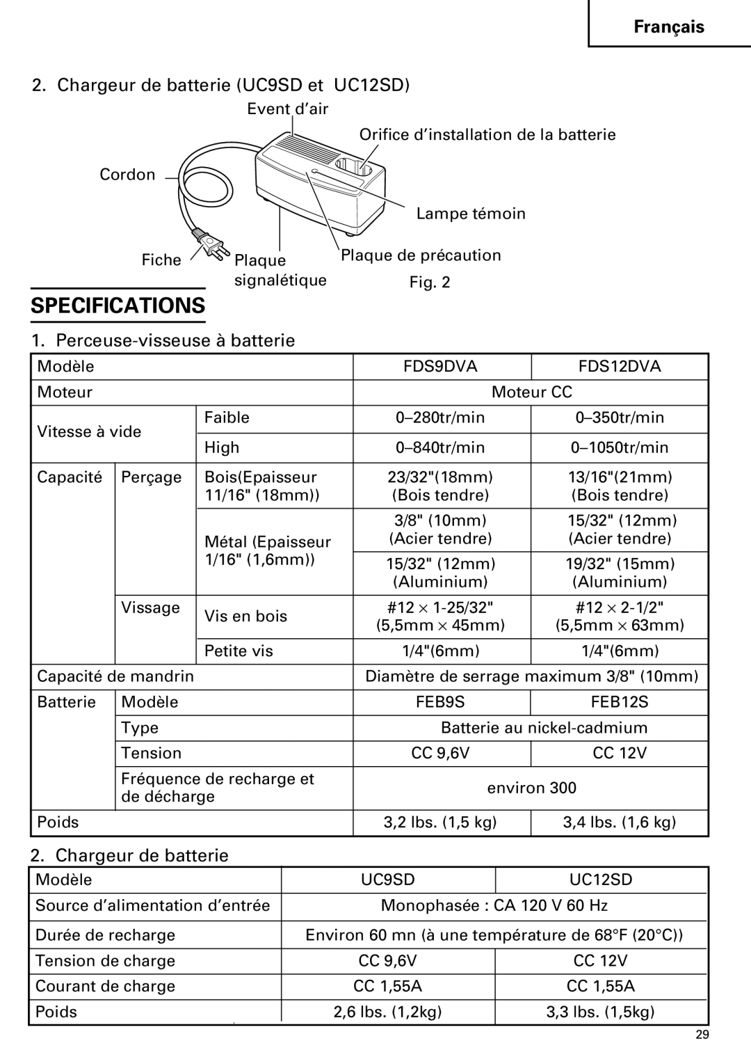 Hitachi FDS 9DVA instruction manual Chargeur de batterie UC9SD et UC12SD, Perceuse-visseuse à batterie 