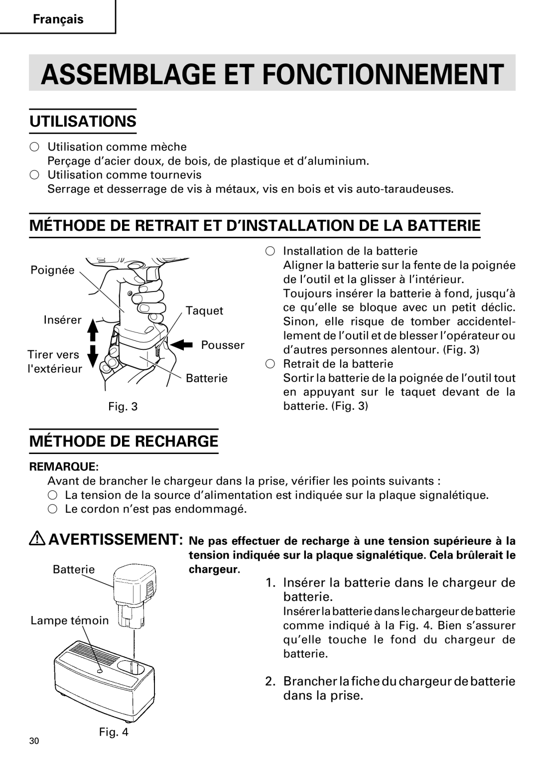 Hitachi FDS 9DVA instruction manual Utilisations, Méthode DE Retrait ET D’INSTALLATION DE LA Batterie, Méthode DE Recharge 