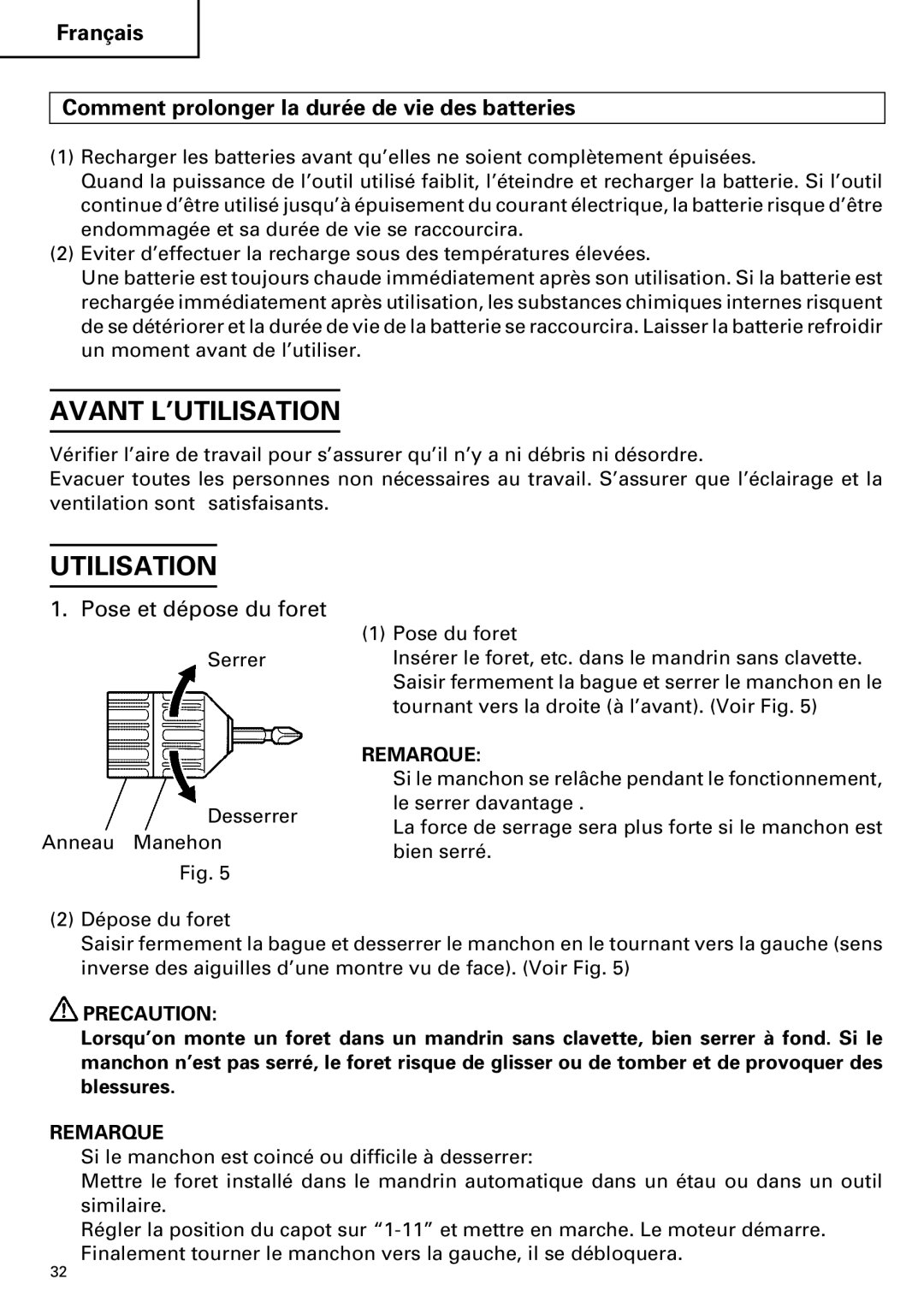 Hitachi FDS 9DVA instruction manual Avant L’UTILISATION, Utilisation, Pose et dépose du foret 