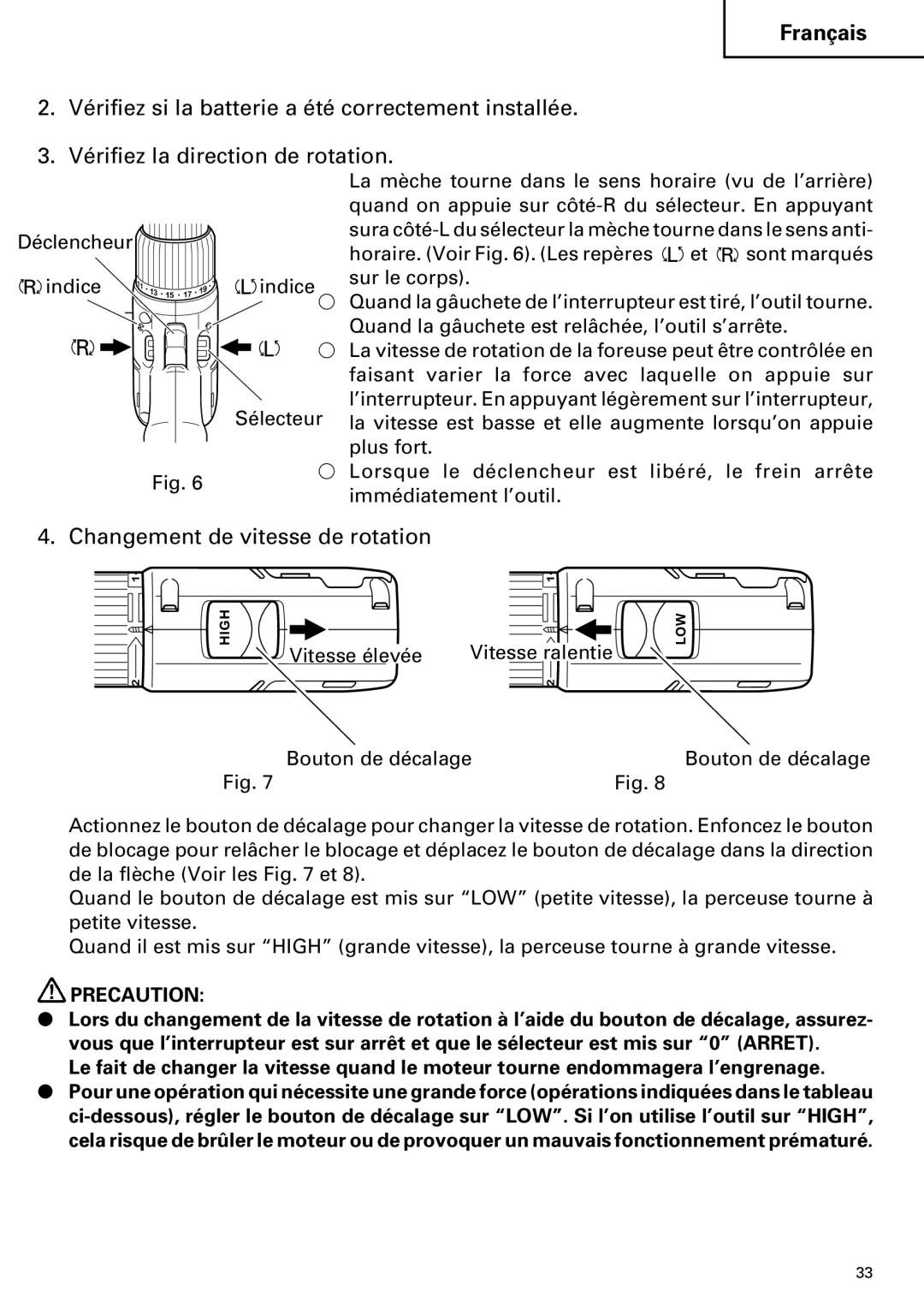 Hitachi FDS 9DVA instruction manual Changement de vitesse de rotation 