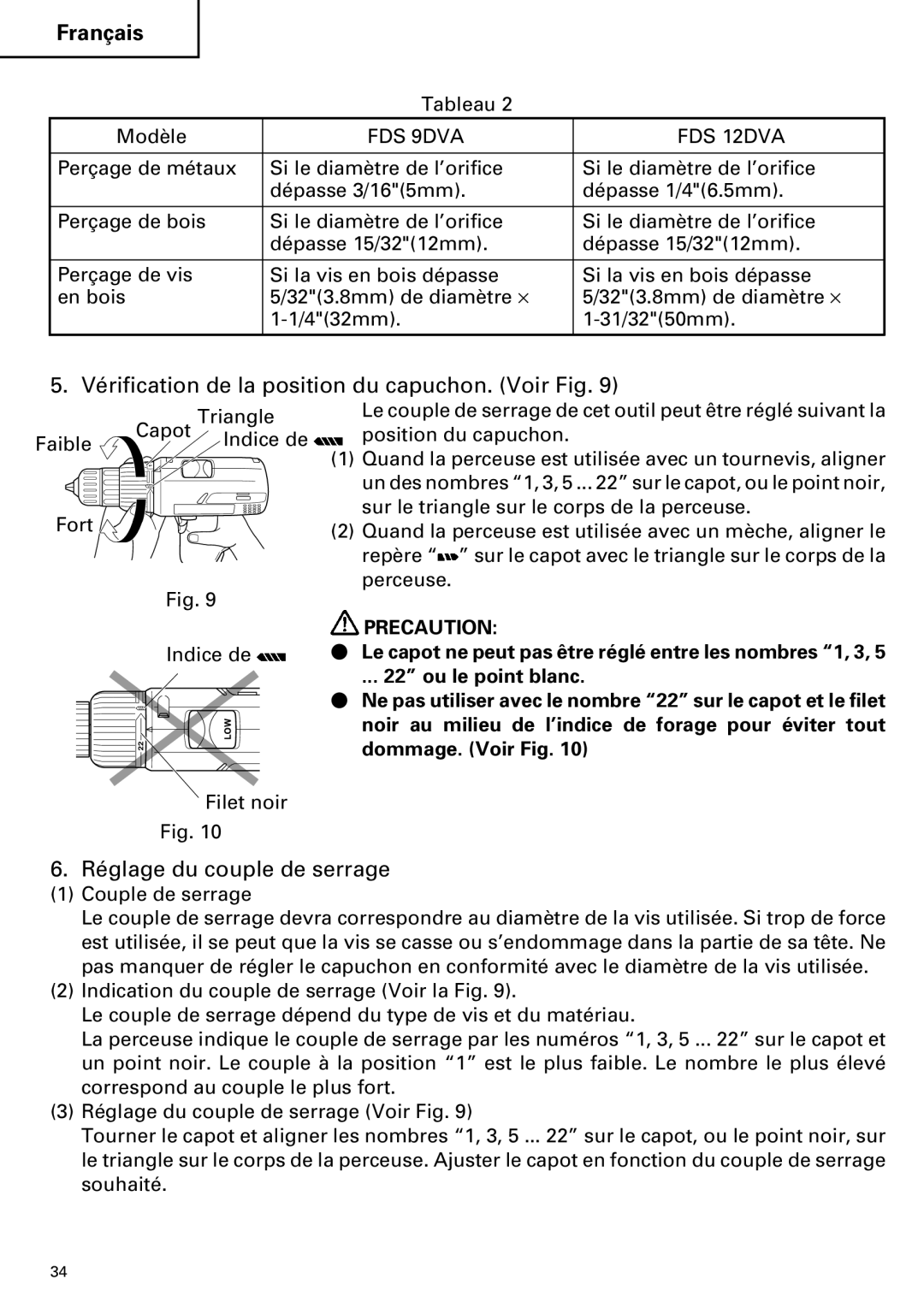 Hitachi FDS 9DVA instruction manual Vérification de la position du capuchon. Voir Fig, Réglage du couple de serrage 