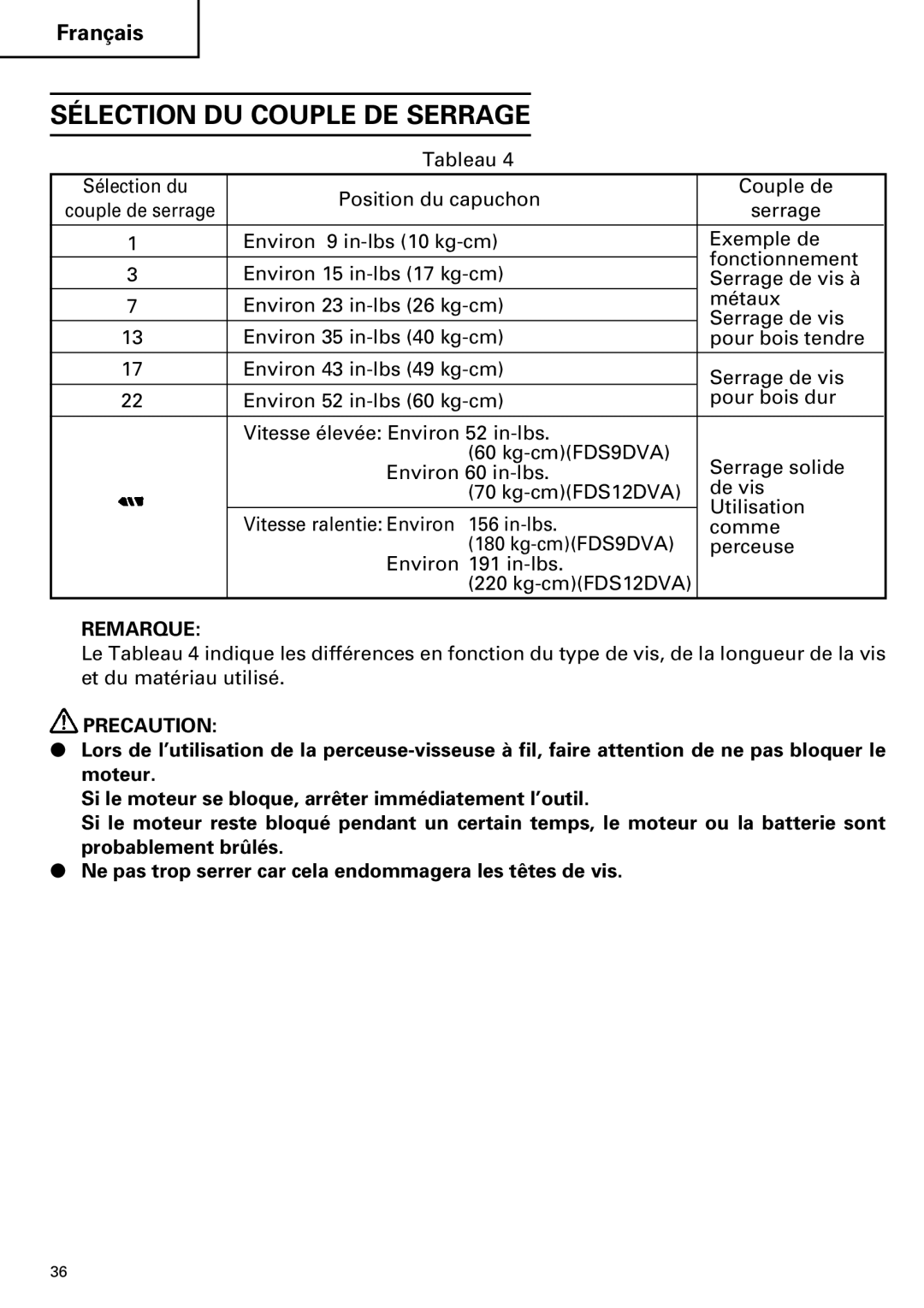 Hitachi FDS 9DVA instruction manual Sélection DU Couple DE Serrage 