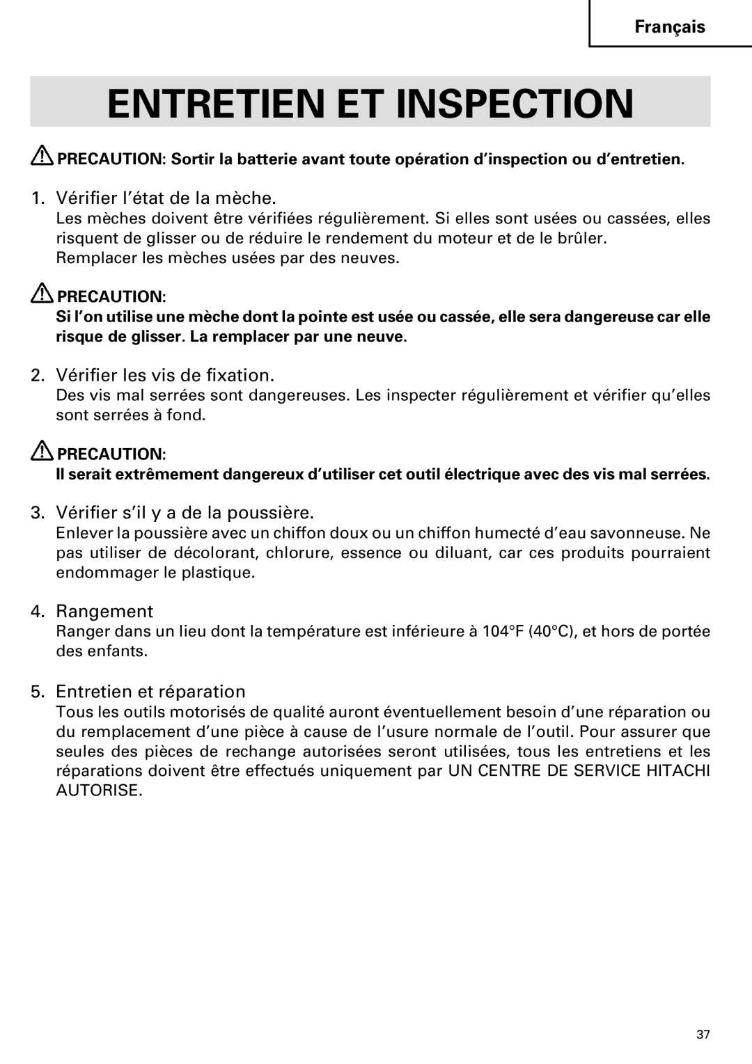 Hitachi FDS 9DVA instruction manual Entretien ET Inspection 