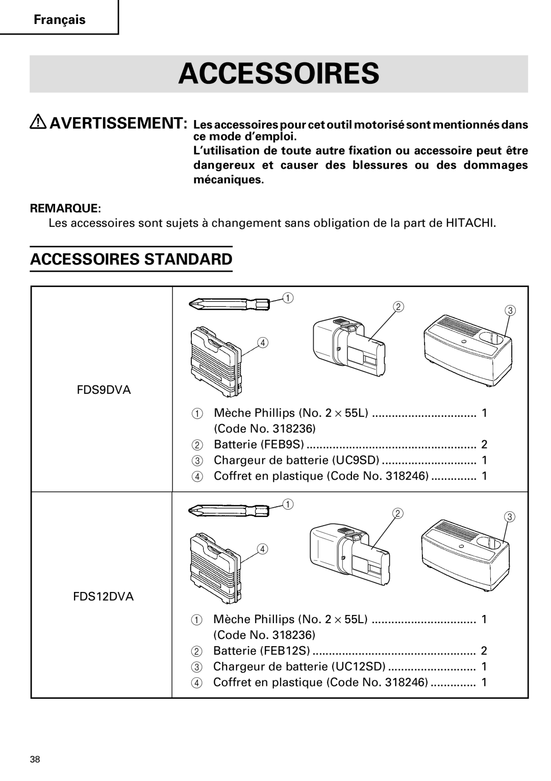 Hitachi FDS 9DVA instruction manual Accessoires Standard 