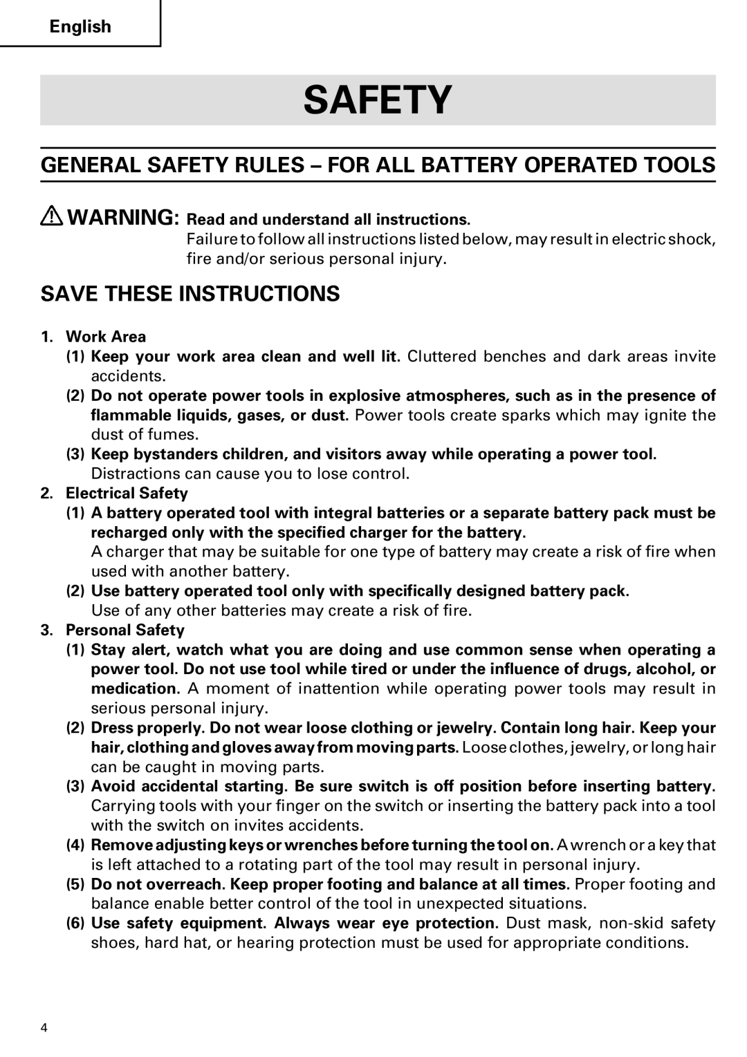 Hitachi FDS 9DVA instruction manual General Safety Rules for ALL Battery Operated Tools 