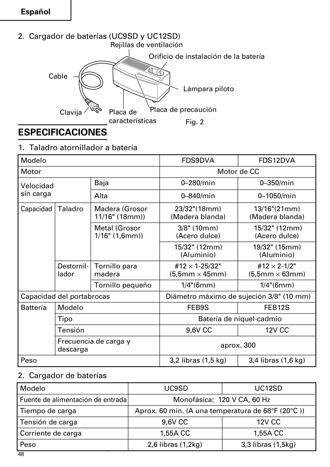 Hitachi FDS 9DVA instruction manual Especificaciones, Cargador de baterías UC9SD y UC12SD, Taladro atornillador a batería 