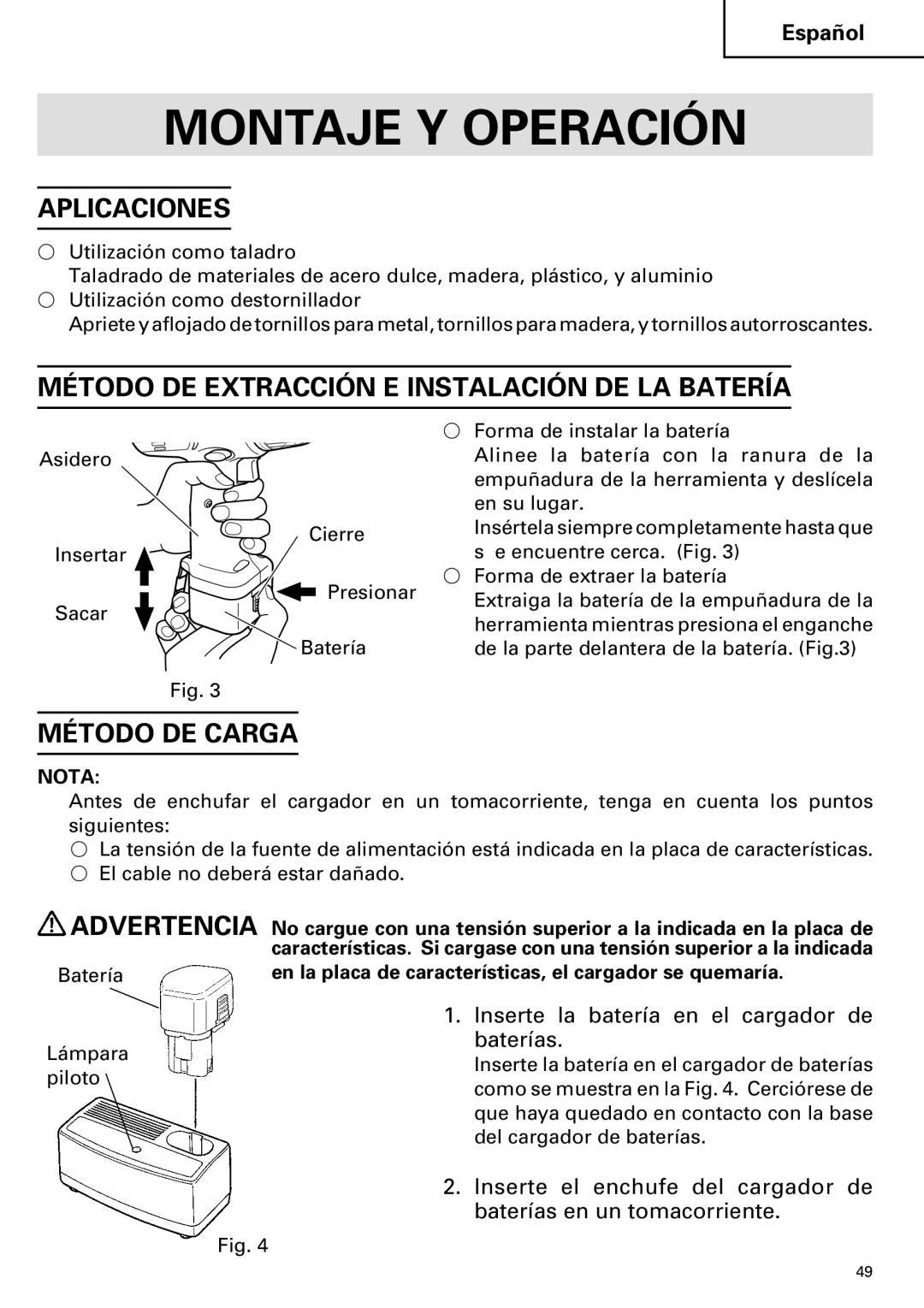 Hitachi FDS 9DVA Montaje Y Operación, Aplicaciones, Método DE Extracción E Instalación DE LA Batería, Método DE Carga 