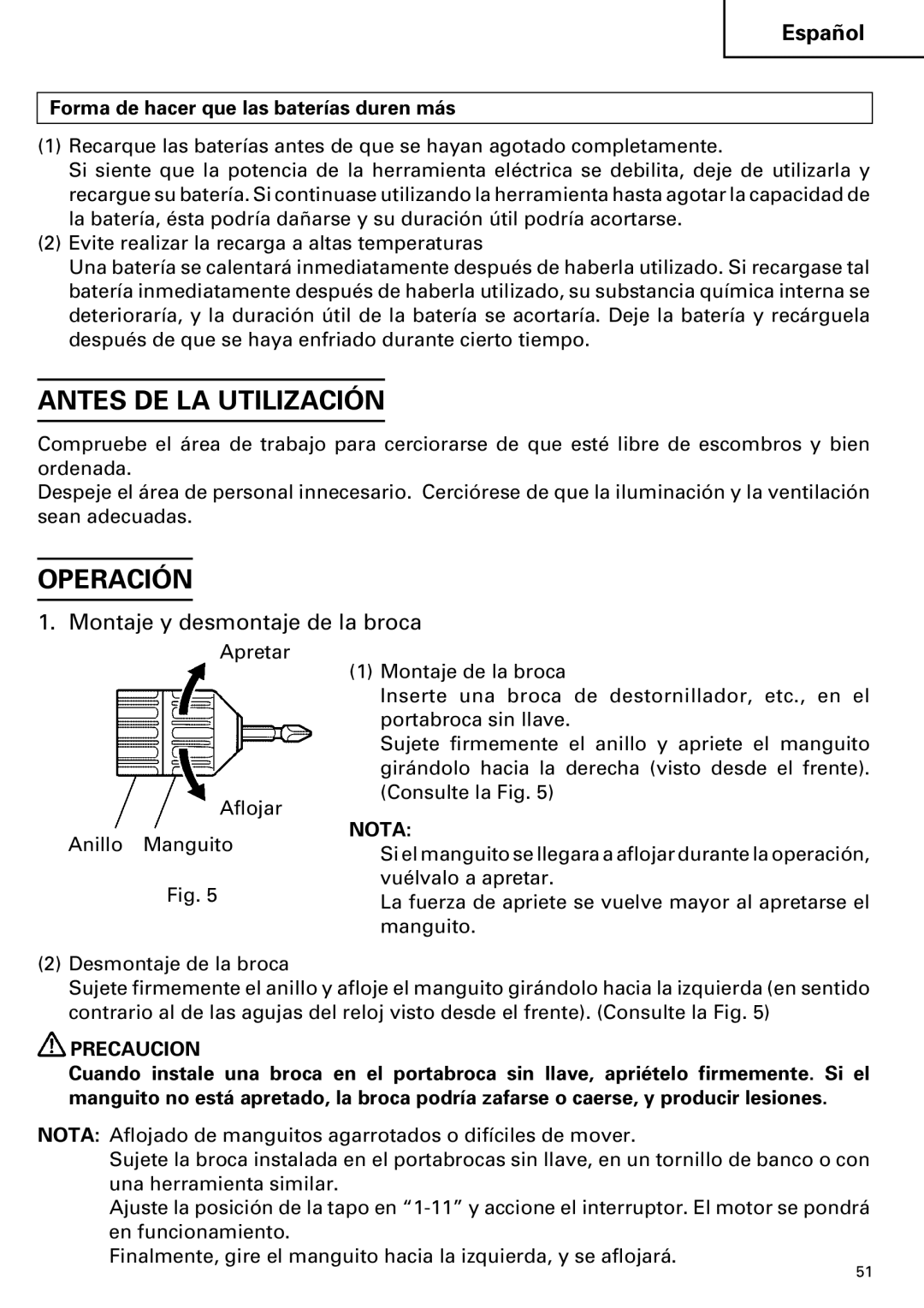 Hitachi FDS 9DVA instruction manual Antes DE LA Utilización, Operación, Montaje y desmontaje de la broca 