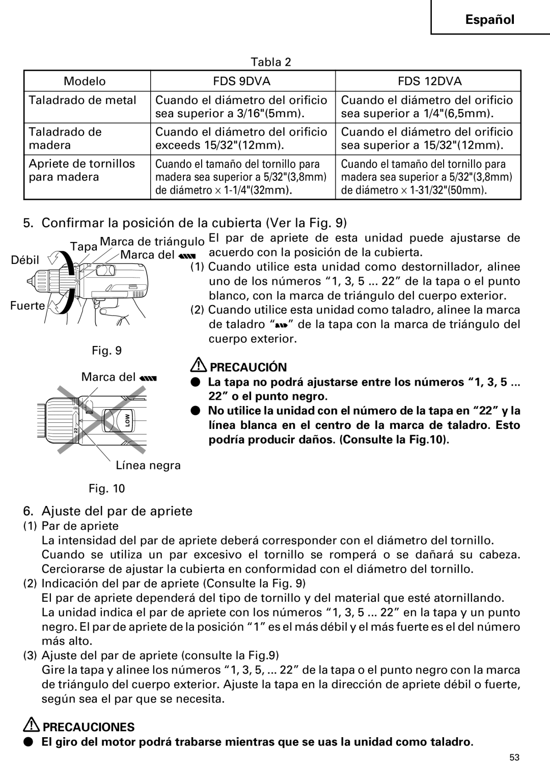 Hitachi FDS 9DVA instruction manual Confirmar la posición de la cubierta Ver la Fig, Ajuste del par de apriete 