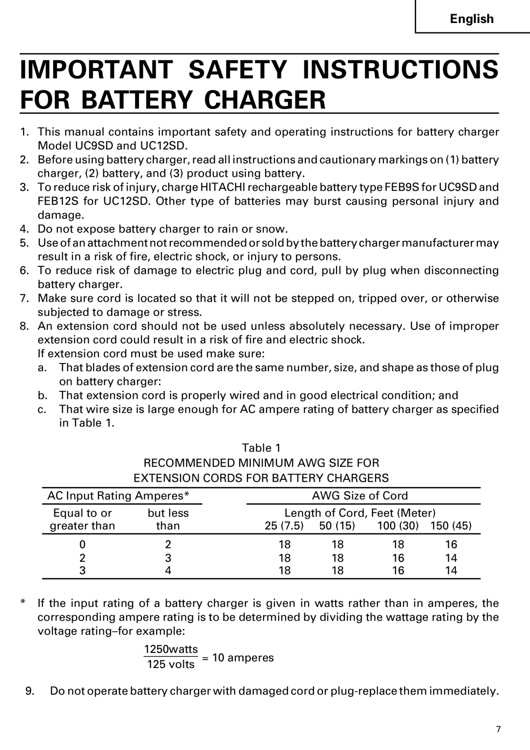 Hitachi FDS 9DVA instruction manual Important Safety Instructions for Battery Charger 