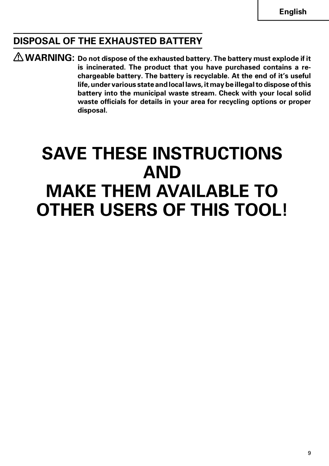 Hitachi FDS 9DVA instruction manual Make Them Available to Other Users of this Tool, Disposal of the Exhausted Battery 