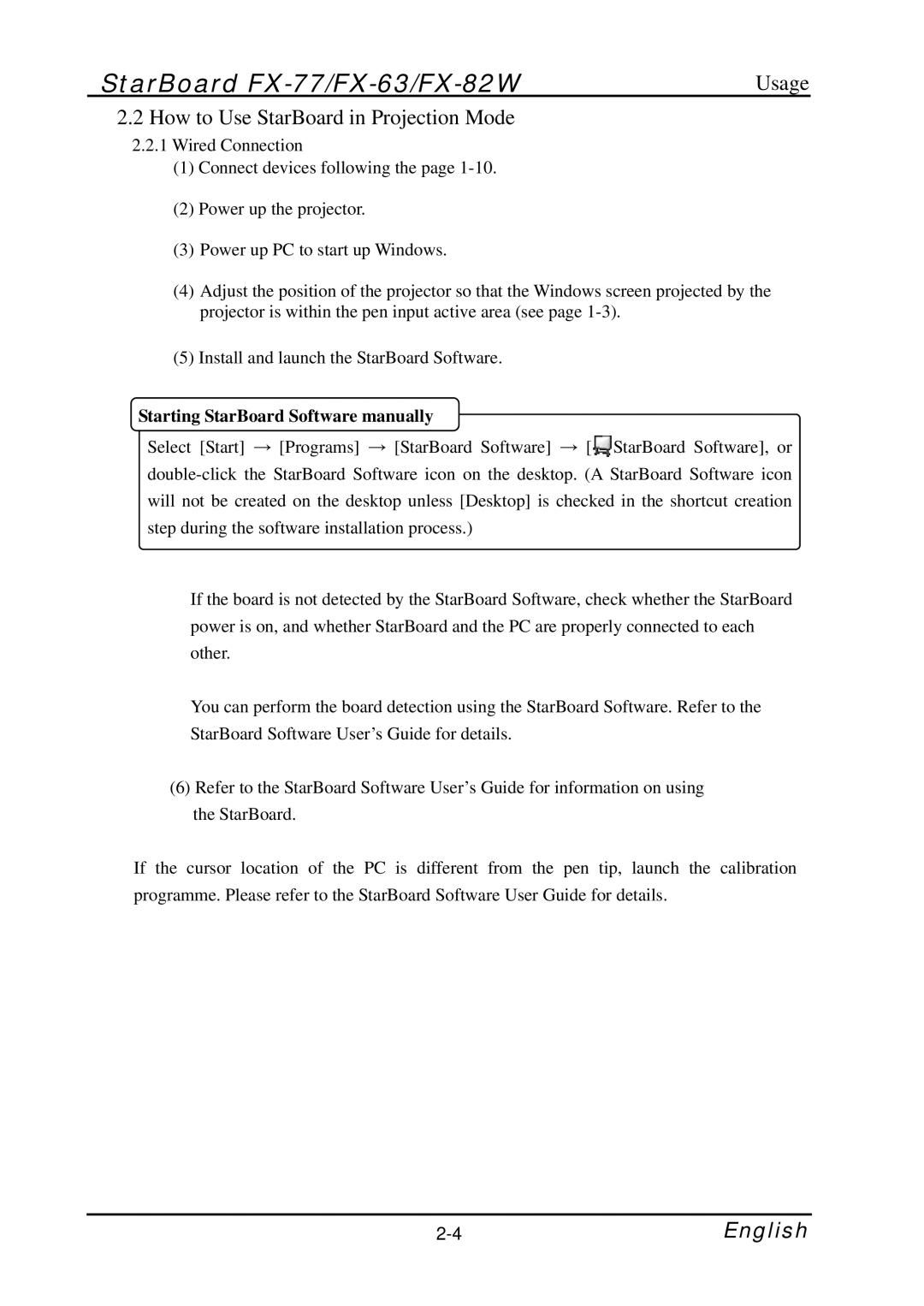 Hitachi FX-82W, FX-77, FX-63 How to Use StarBoard in Projection Mode, Starting StarBoard Software manually 