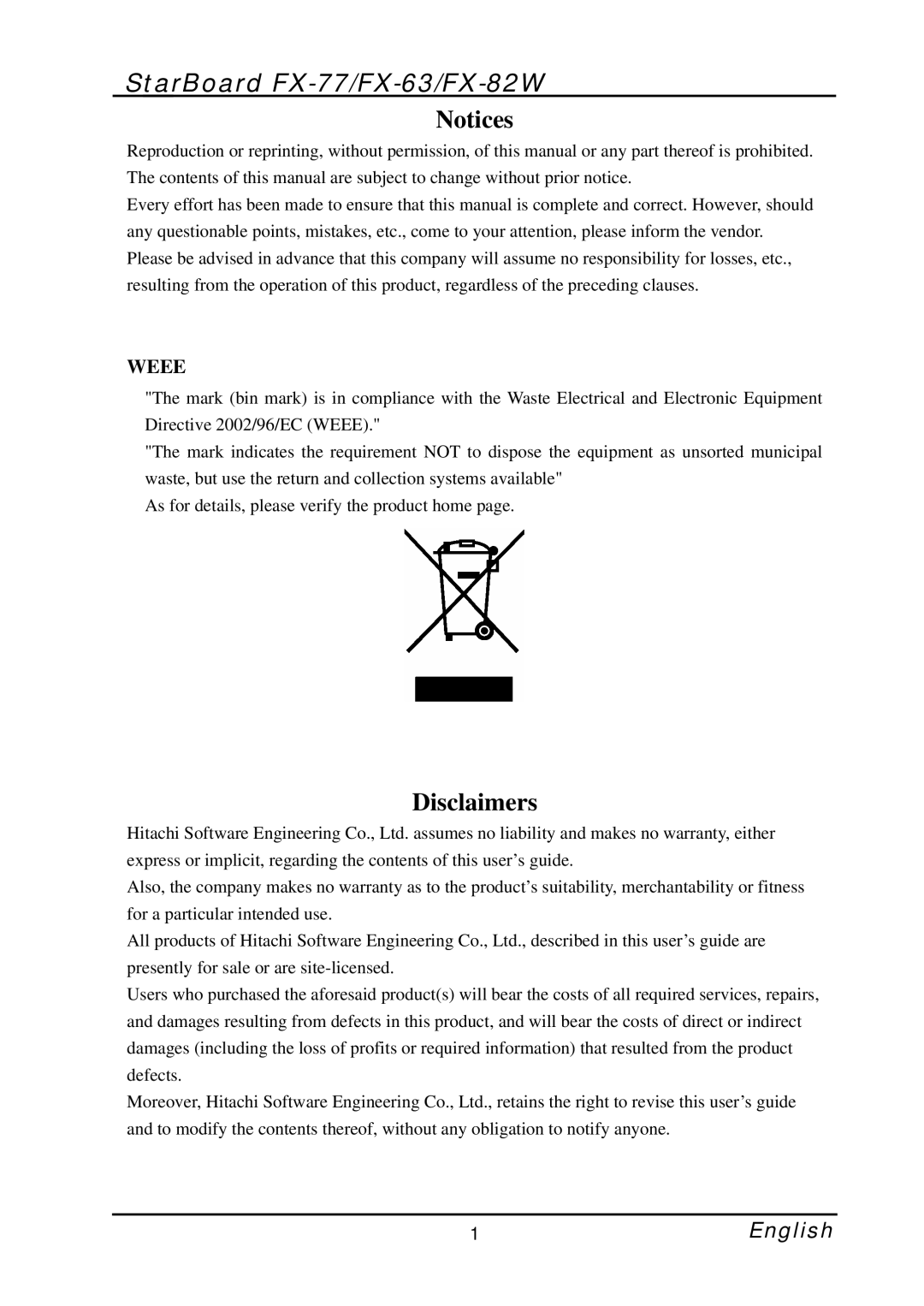 Hitachi manual StarBoard FX-77/FX-63/FX-82W, Disclaimers 